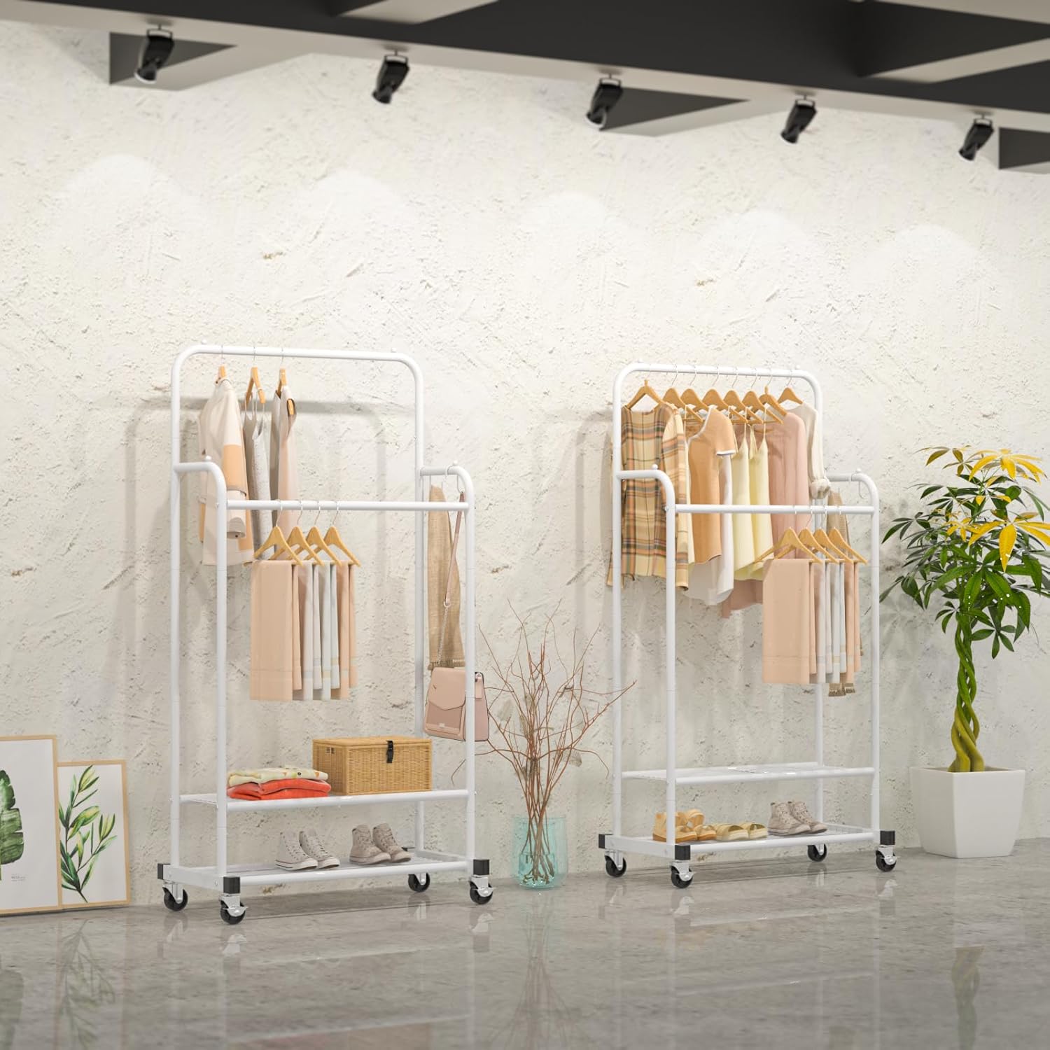 Double Rod Clothes Garment Rack, Heavy Duty Clothing Rolling Rack for Hanging Clothes, Portable Clothes Organizer for Bedroom, Living Room, Clothing