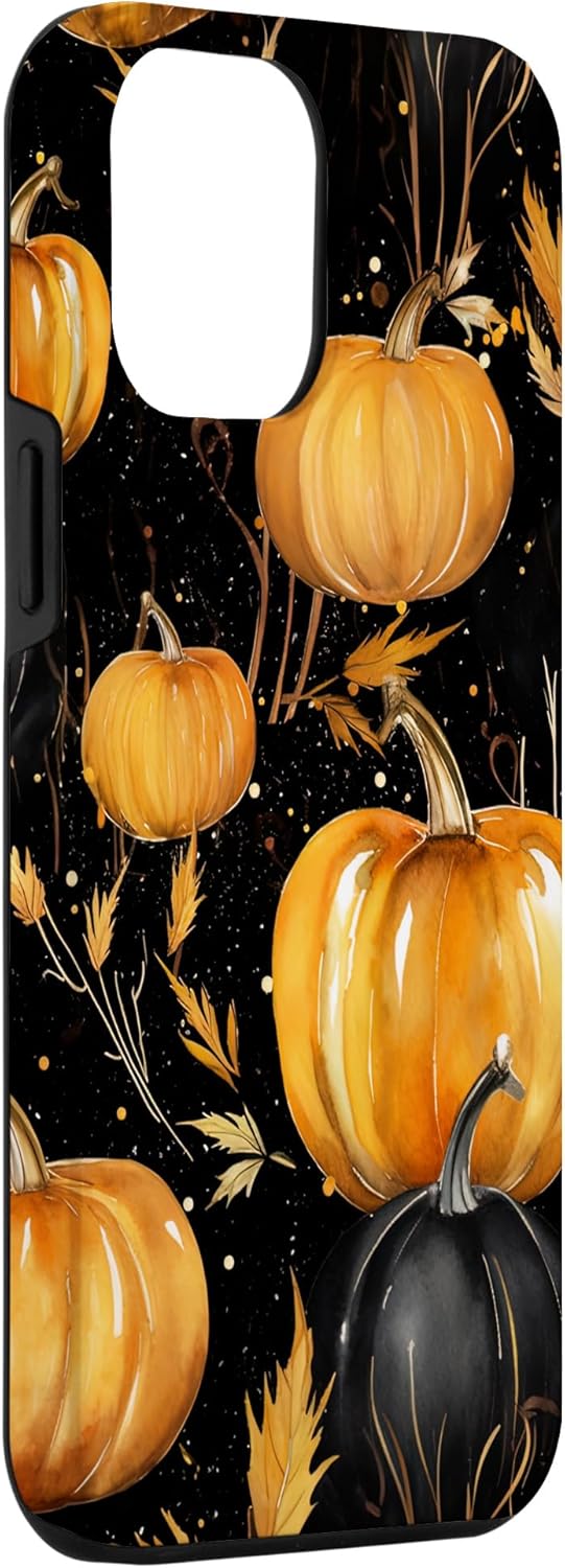 Carcasa estética para iPhone 12 Pro Max con diseño de calabazas y hojas de otoño