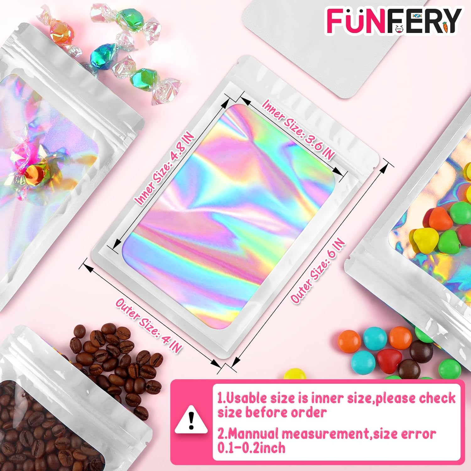 Funfery Paquete de 100 bolsas resellables holográficas transparentes, bolsas de embalaje a prueba de olores, bolsas de almacenamiento de alimentos