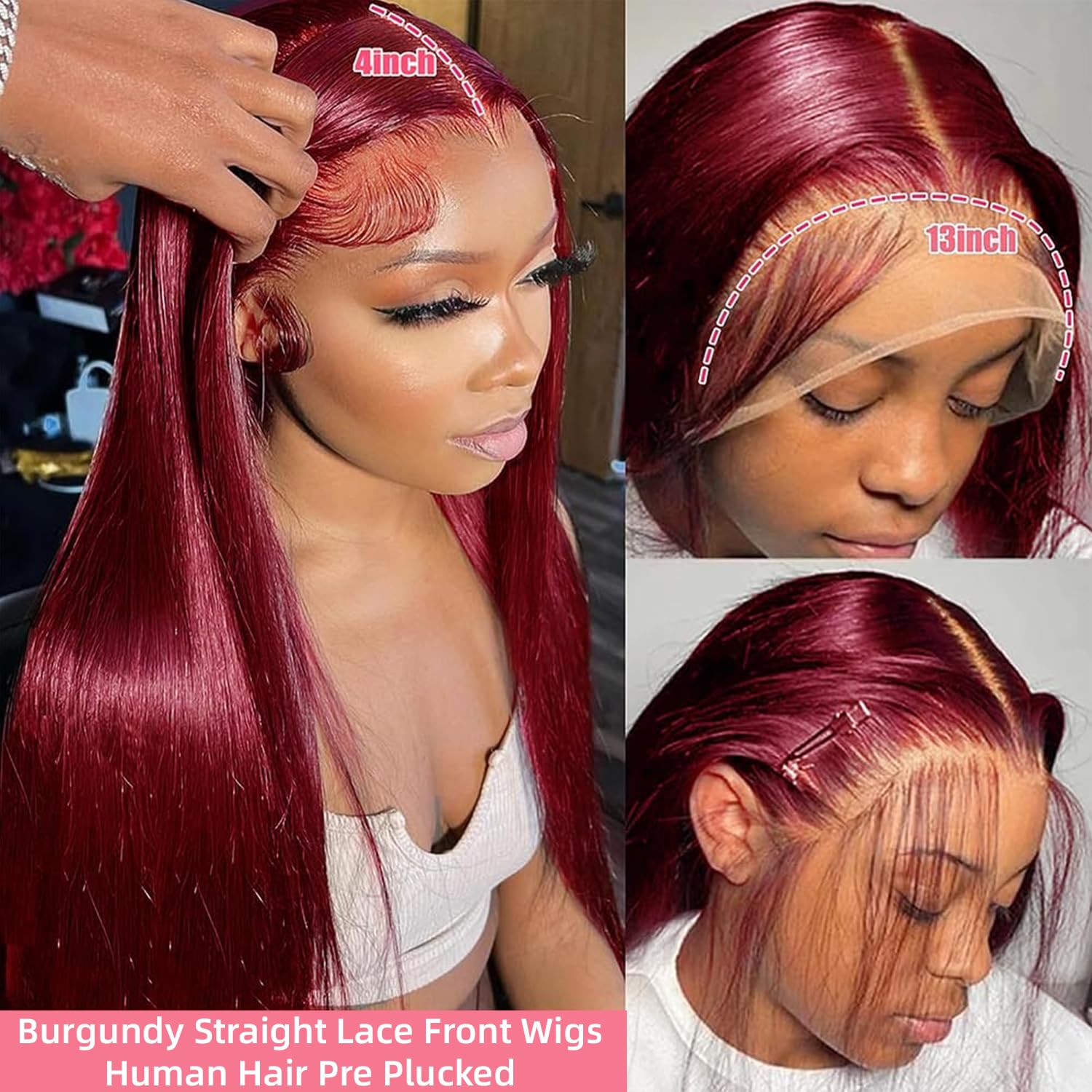 Pelucas de cabello humano con encaje frontal color burdeos 99J 13×4 HD lacio, pelucas de cabello humano prearrancado color rojo vino, peluca sin