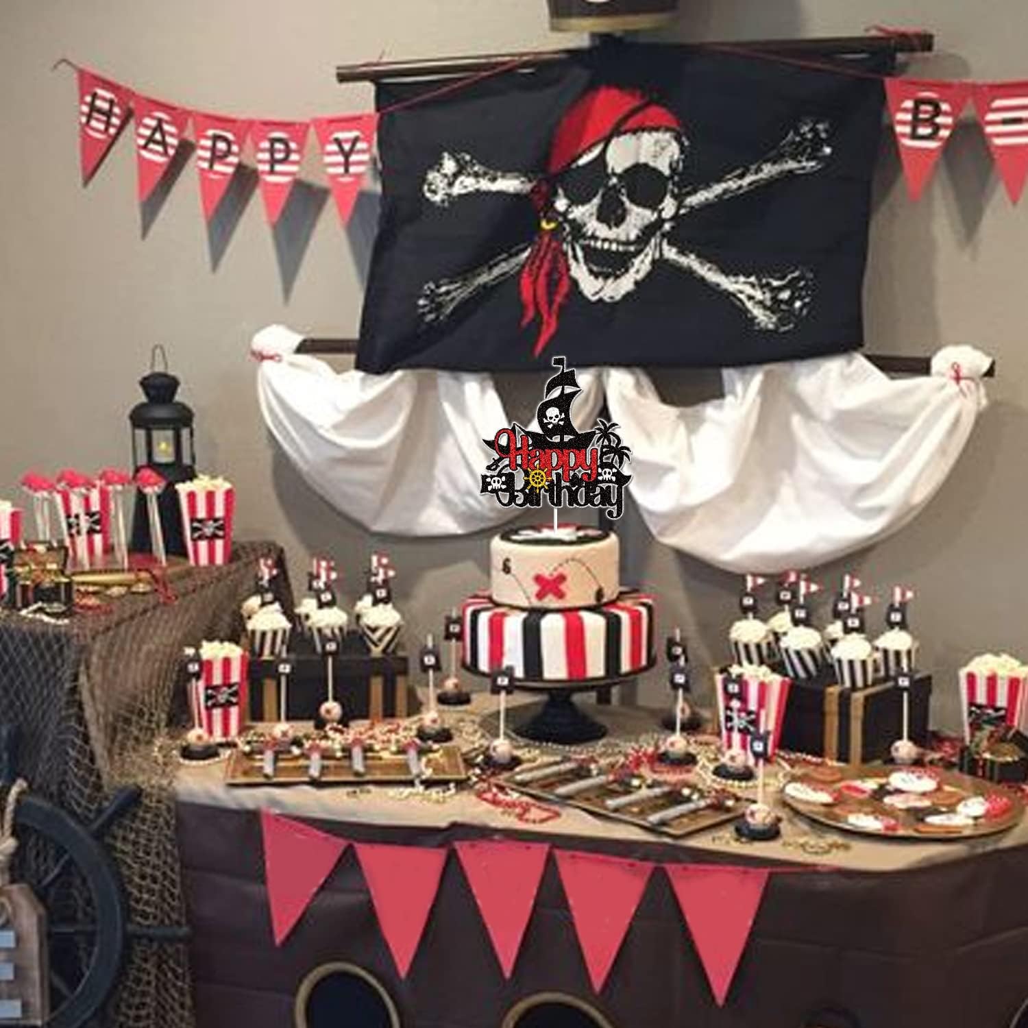 Decoración para tarta de cumpleaños con diseño de barco pirata, color negro, con purpurina, decoración de tarta de barco náutico, tesoro, mar de