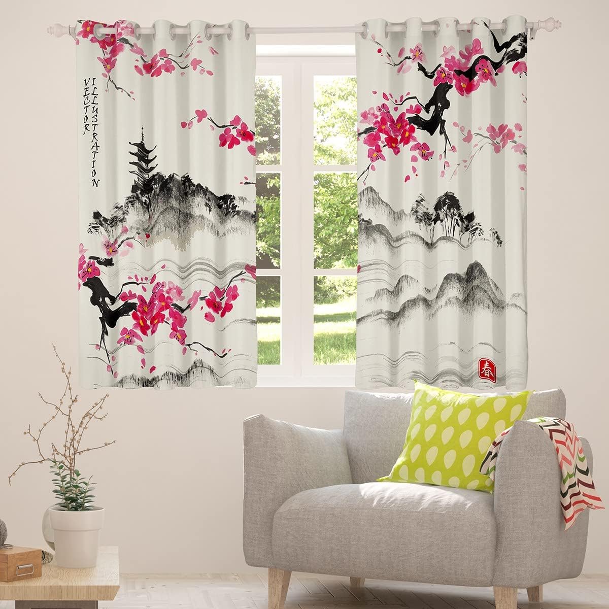Cortinas de ventana con diseño de cerezo en flor para dormitorio, sala de estar, cortinas japonesas de montaña Fuji para niños y niñas, cortinas de