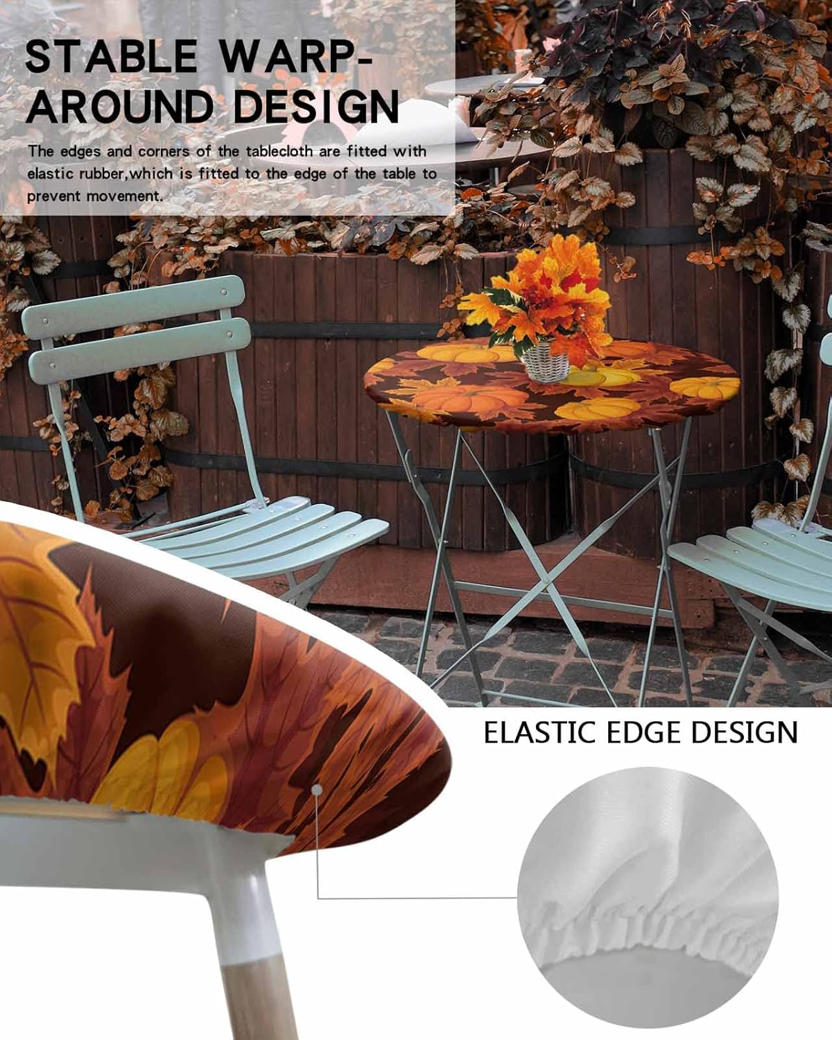 Mantel redondo ajustable con diseño de hojas de arce y calabaza de otoño, mantel con borde elástico, impermeable, mantel circular de cosecha de