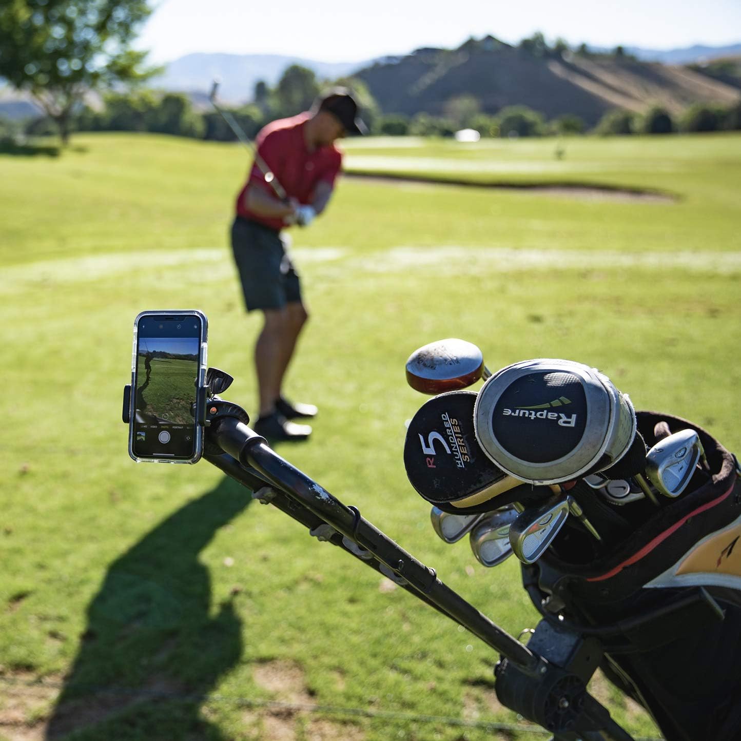 Golf Gadgets – Sistema de grabación de swing  Soporte para carrito de golf o carrito de tracción para teléfono inteligente. Compatible con iPhones,