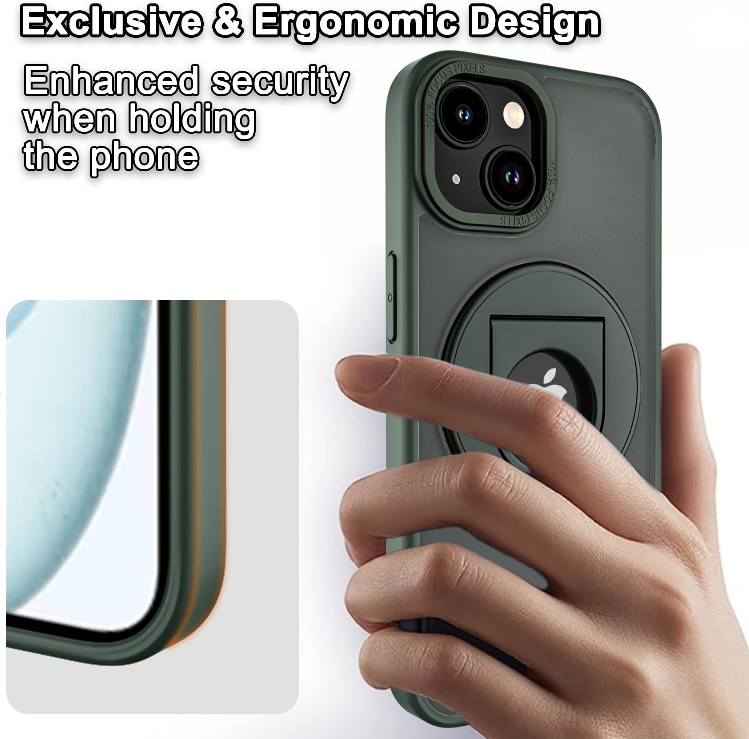 Funda para iPhone 15 Plus con soporte de anillo compatible con MagSafe Compatible con carga inalámbrica PC duro translúcido mate resistente a los
