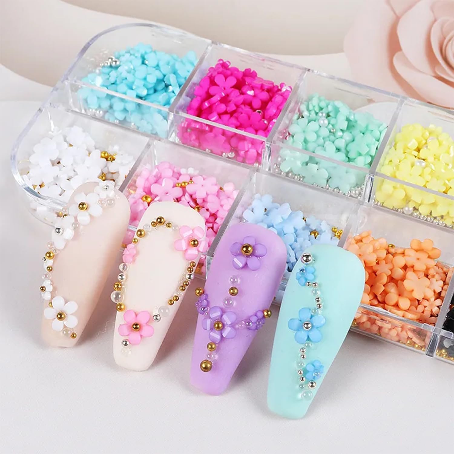 12 colores 3D de flores para arte de uñas, suministros de arte de uñas, mezcla de perlas doradas y plateadas para uñas acrílicas, diamantes de