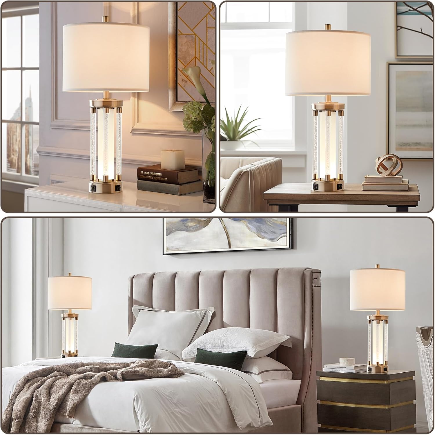 RORIA Juego de 2 lámparas de mesa modernas para sala de estar, dormitorio, lámpara de mesita de noche con 2 puertos USB, lámpara de noche de cristal