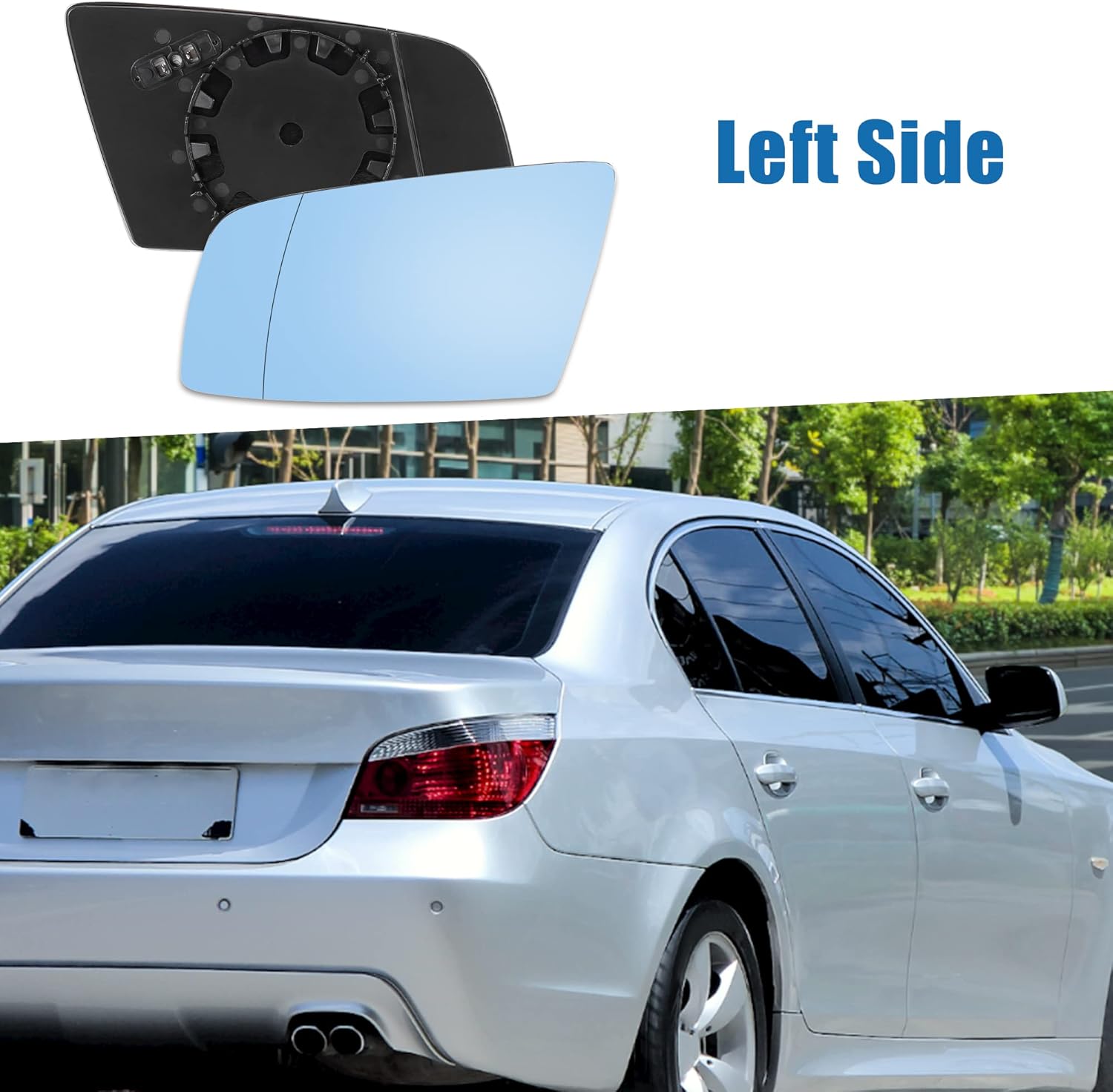 Espejo de coche de repuesto de cristal azul calentado lado izquierdo del conductor con placa de respaldo para BMW 525i 2004-2007
