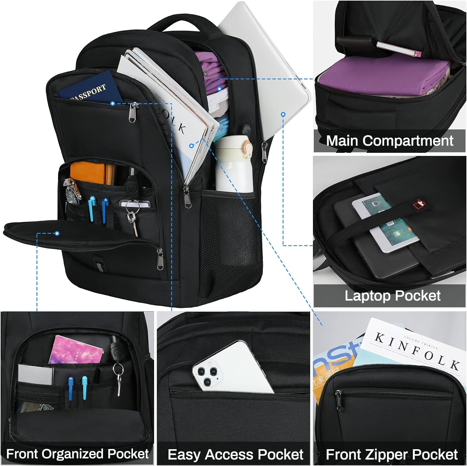 RAINSMORE Mochila para laptop de 15.6 pulgadas, mochila de viaje grande para hombres y mujeres, mochila impermeable para computadora, mochila de