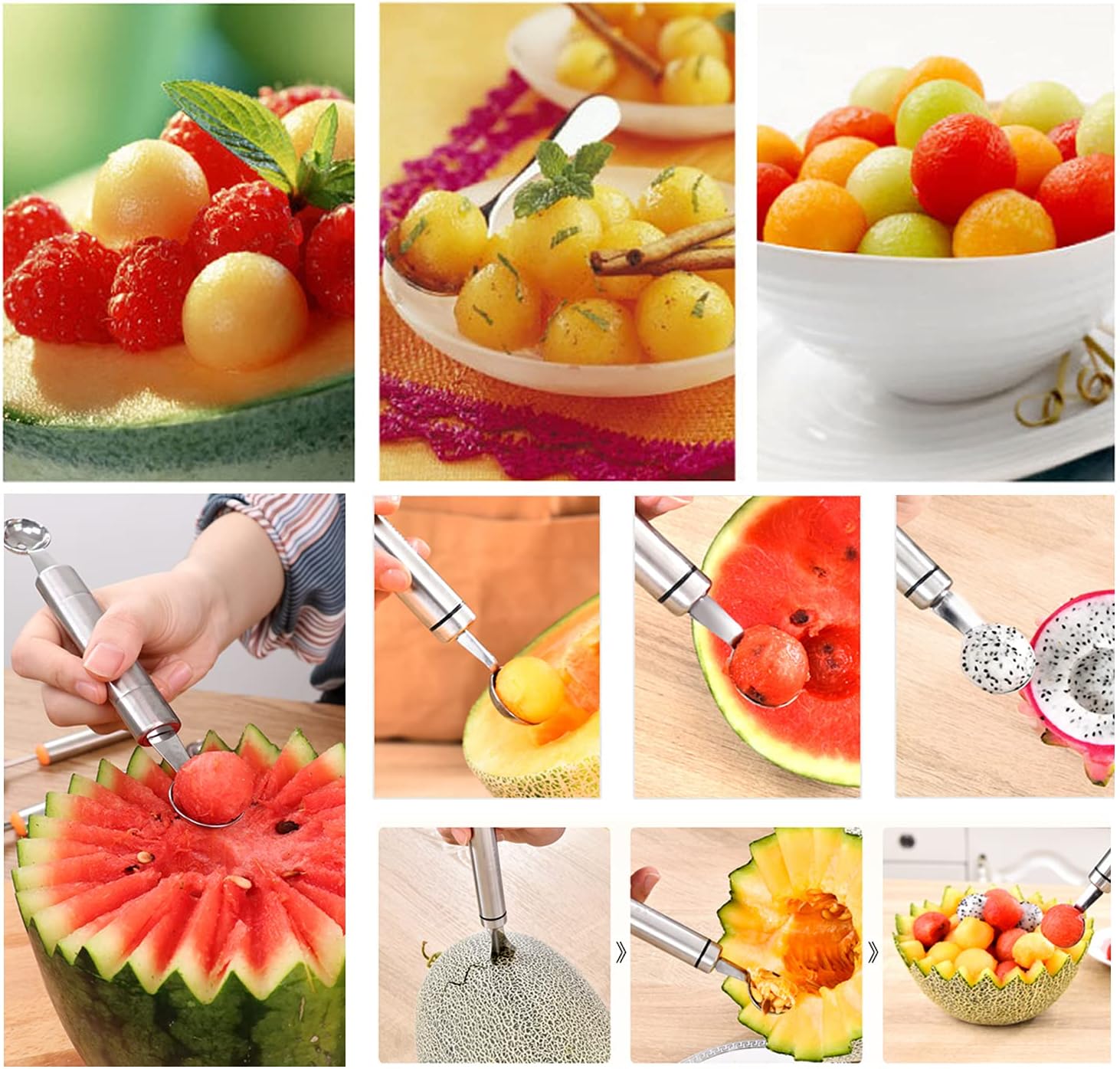 Honbay 2 piezas de acero inoxidable de doble cabeza de melón Baller Scoop cuchillo para tallar frutas, cuchara de cocina de doble propósito,