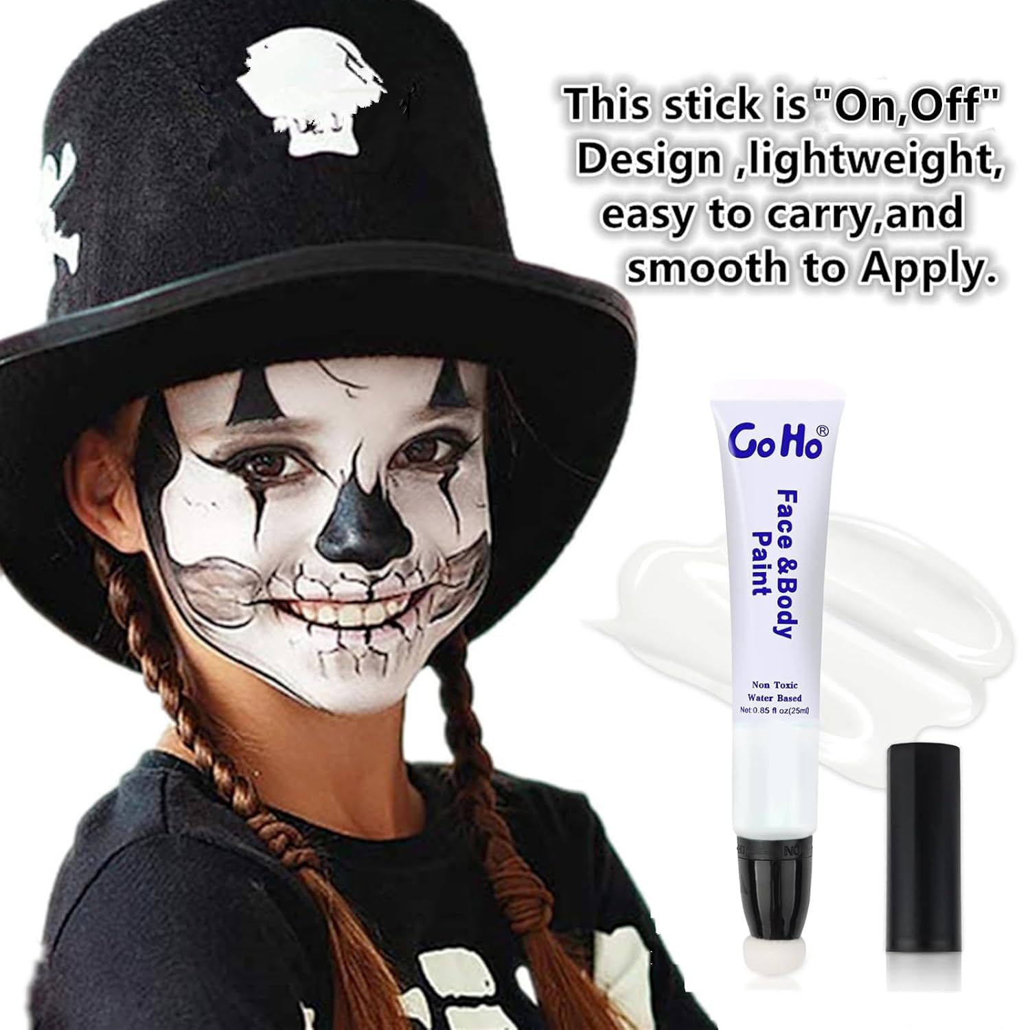 Go Ho Barra de pintura facial blanca payaso (0.85 onzas), pintura corporal blanca crema a base de agua, lavable, corrector líquido blanco, cubre sin