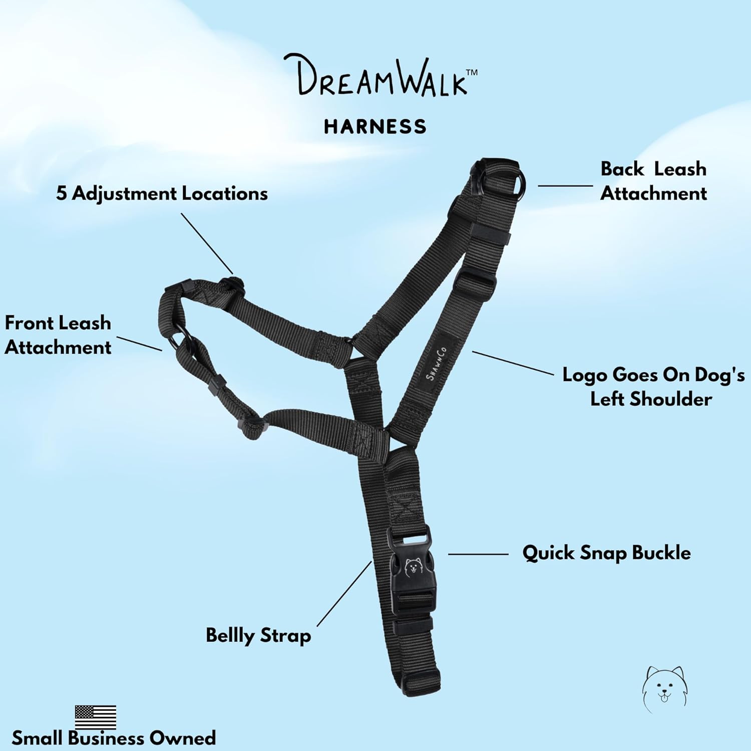 ShawnCo Dream Walk – Arnés para perro sin tirones, ajustable, cómodo, fácil de usar, para ayudar a dejar de tirar, para perros pequeños, medianos y