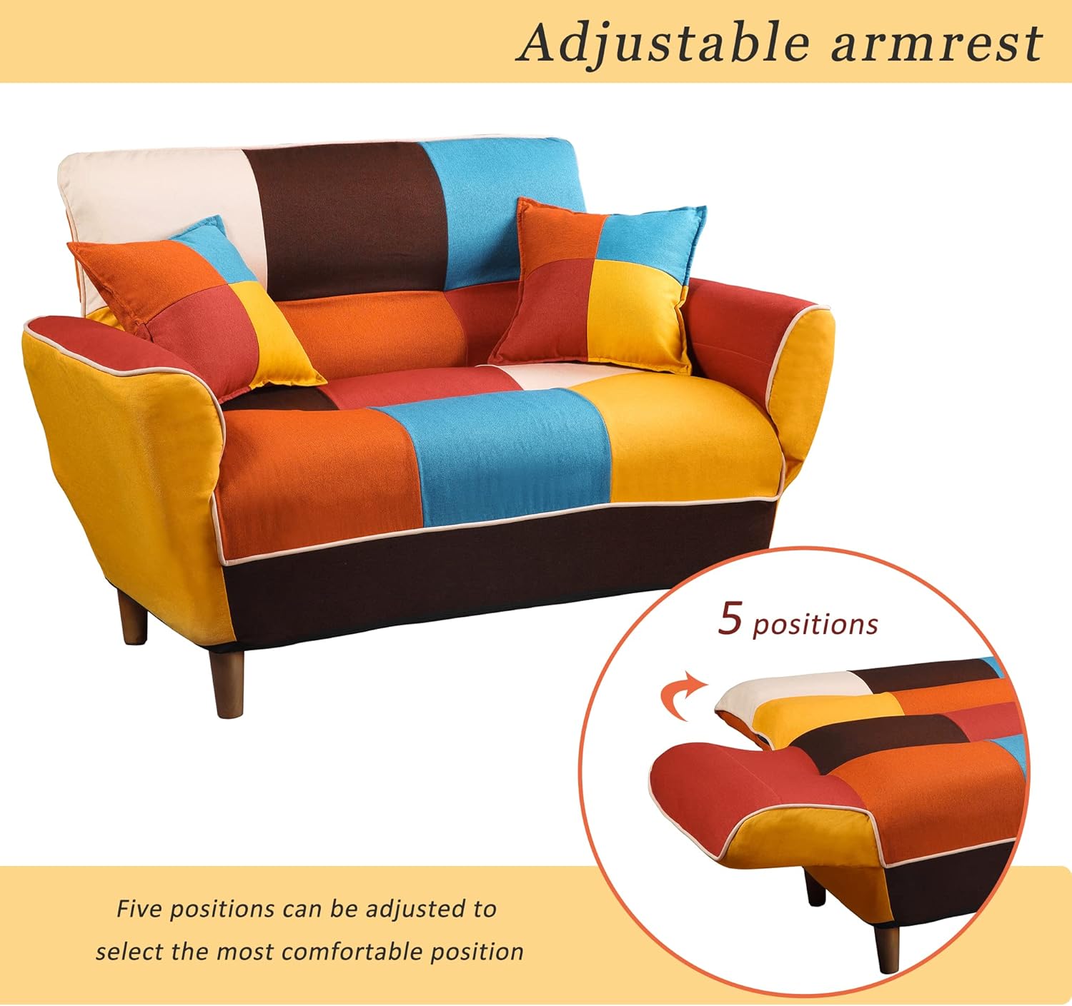 Cama convertible con 2 almohadas, futón biplaza, sofá reclinable con reposabrazos ajustables y patas de madera, sofá de sala con respaldo de 3