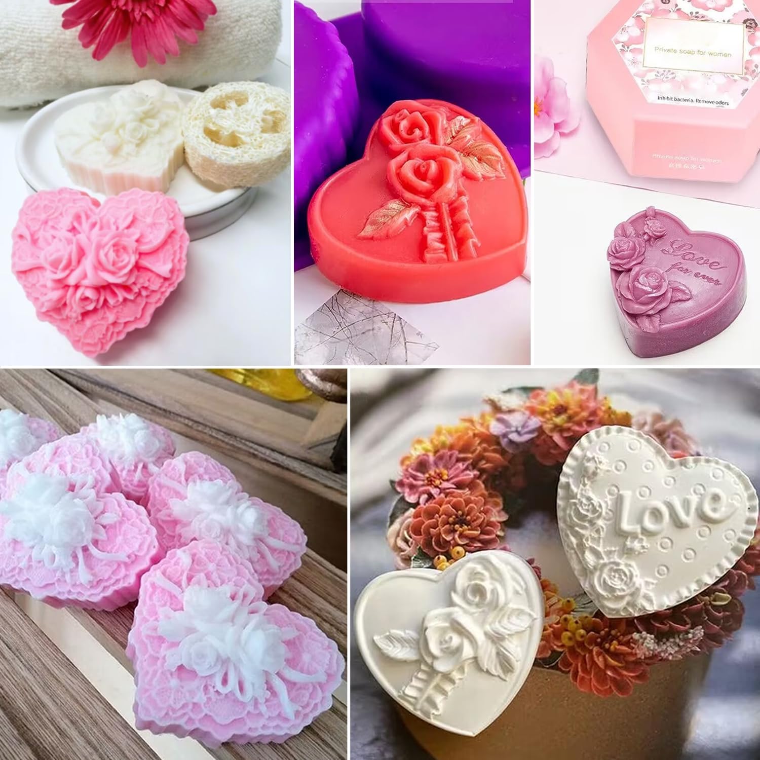 AITRAI – Moldes de jabón de silicona con forma de corazón, 4 tipos de flores 3D, moldes de jabón de corazón para hacer jabón, pasteles, dulces,