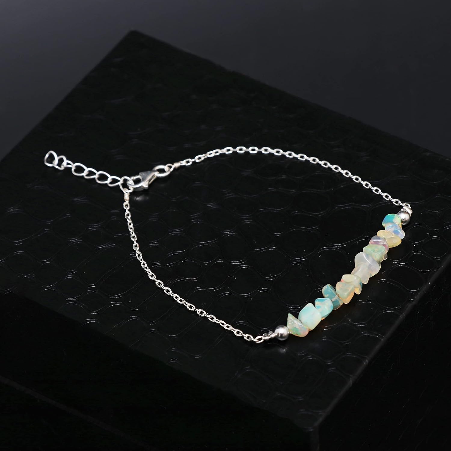 GemInspire 925 Sterling Silver Natural Ethiopian Opal Chips Bar Bracelet, Dainty Bracelet, Silver Jewelry Gift For Her (Ethiopian Opal)