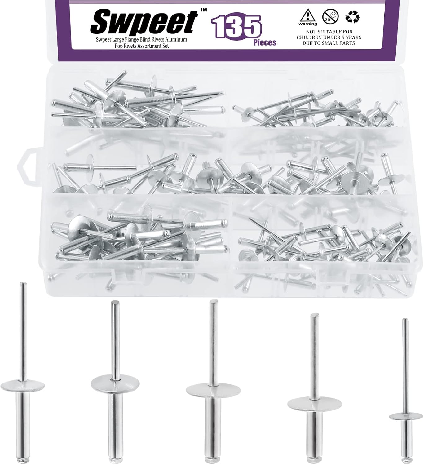Swpeet Kit de remaches ciegos de aluminio de brida grande de 316 x 38 pulgadas  12 pulgadas  58 pulgadas  34 pulgadas  1 pulgada, remaches pop