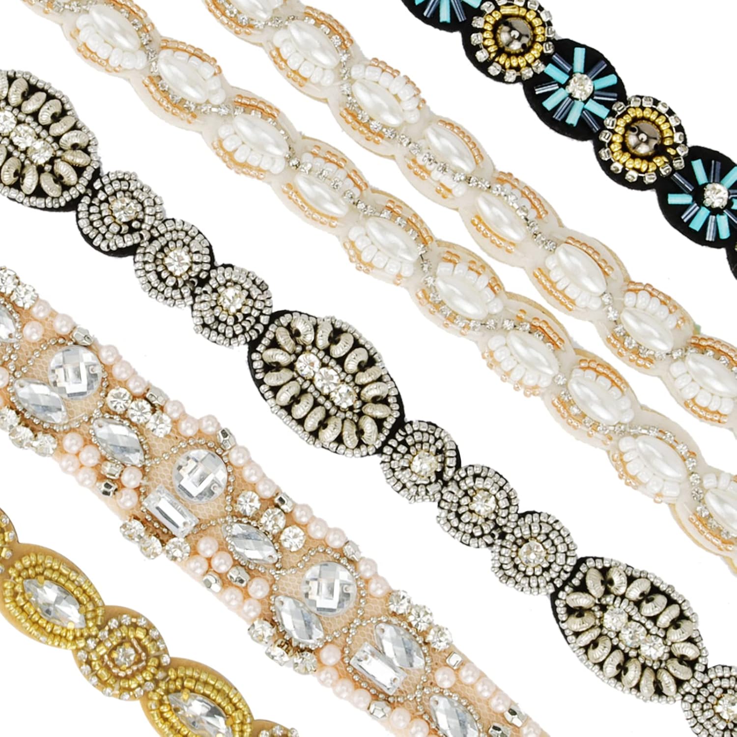 AMCAMI 5 diademas de cuentas con perlas y diamantes de imitación para mujer, bandas para la cabeza con cuentas brillantes, diademas hippie para