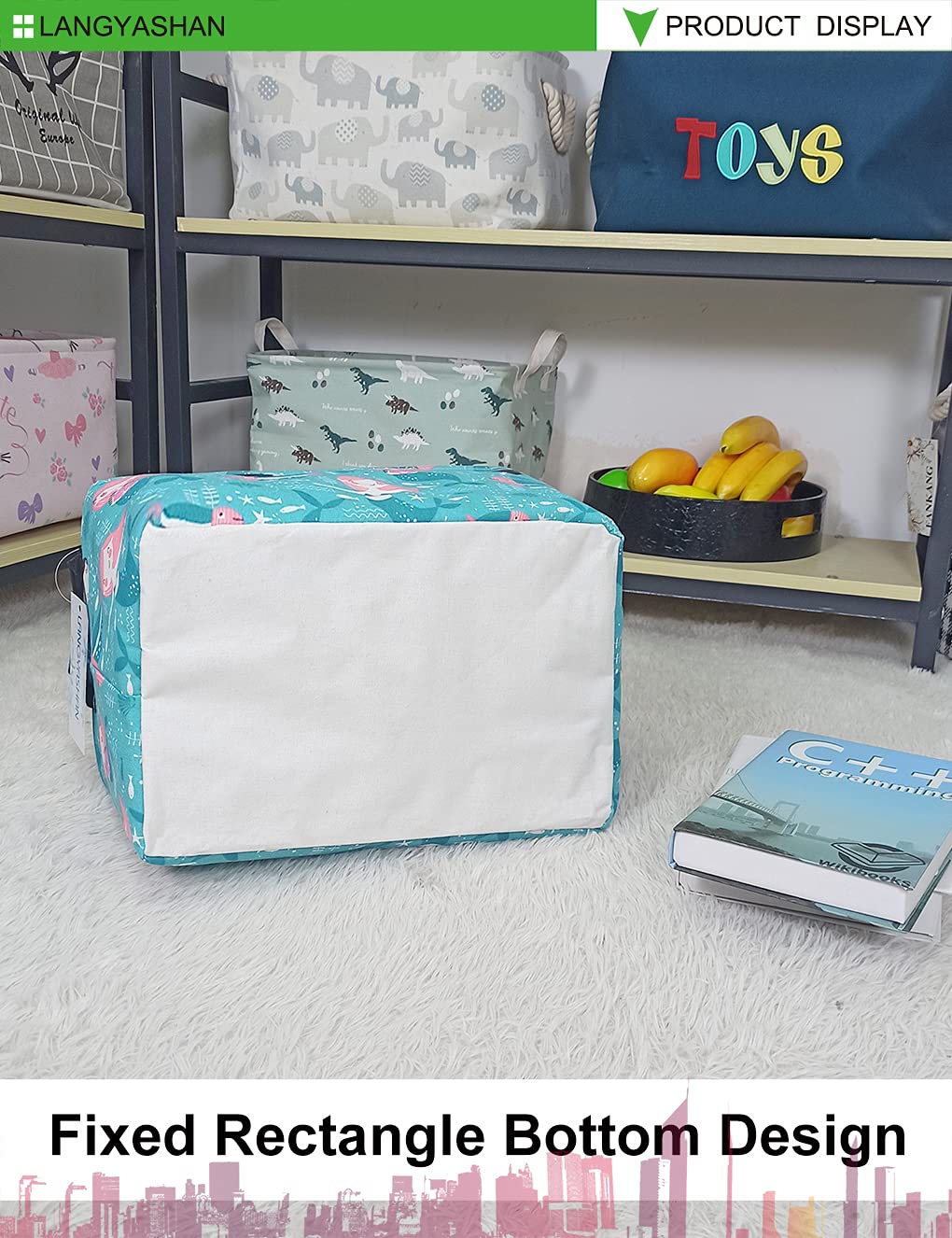 LANGYASHAN Cesta de almacenamiento rectangular de lona plegable de tela de dibujos animados con asas para organizar el hogar, cocina, niños y niñas,