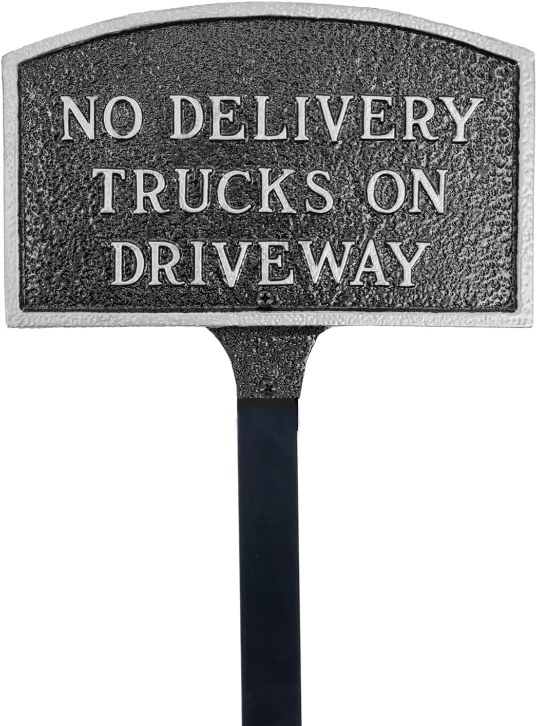 Letrero de placa con diseño de arco con texto en inglés “No Delivery Trucks on Driveway” – Placa de visualización de pared o césped – Señal de