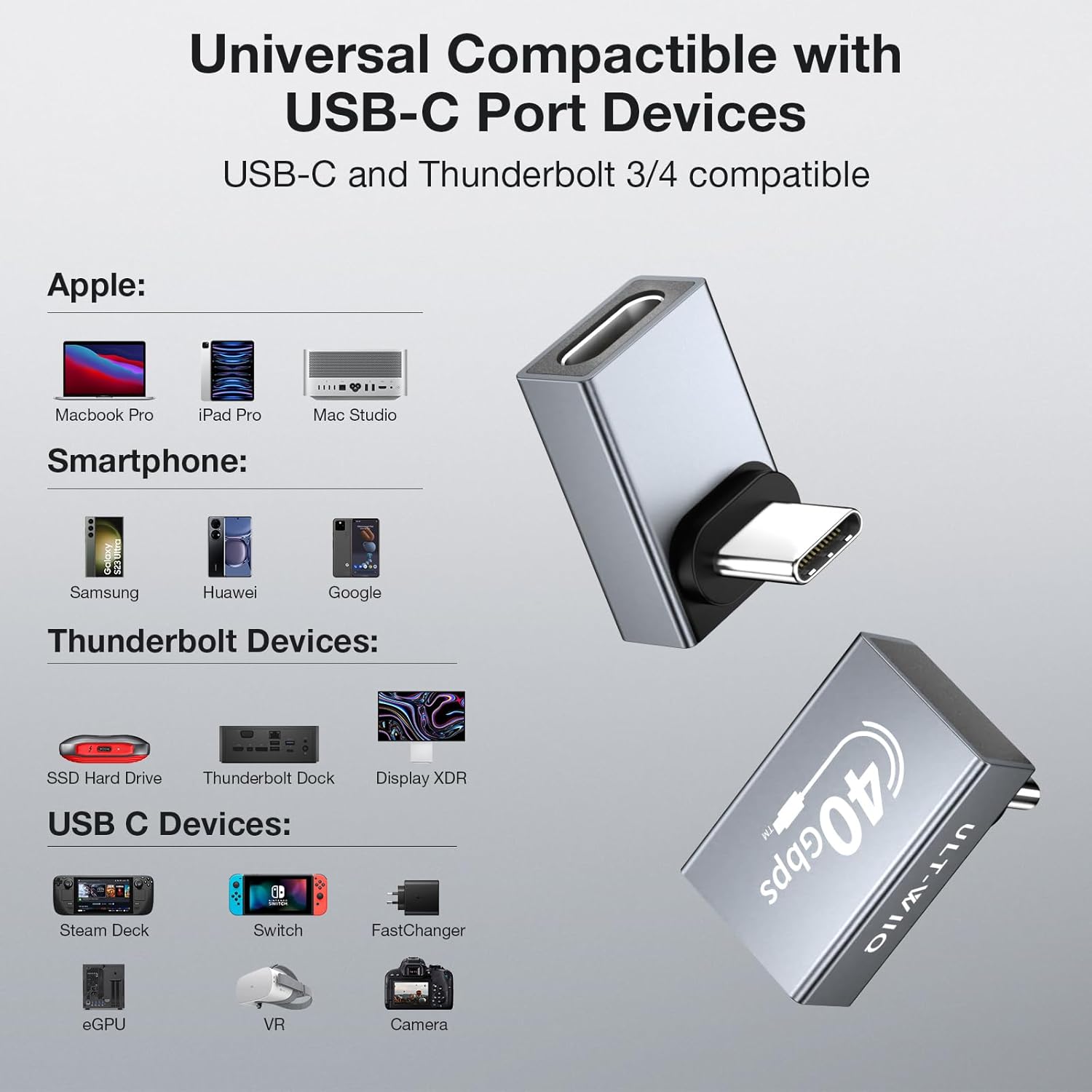 ULT-WIIQ Adaptador USB C de ángulo recto de 90 grados de 240 W40 Gbps, adaptador USB C a USB C compatible con Thunderbolt 4 y USB4, adaptador