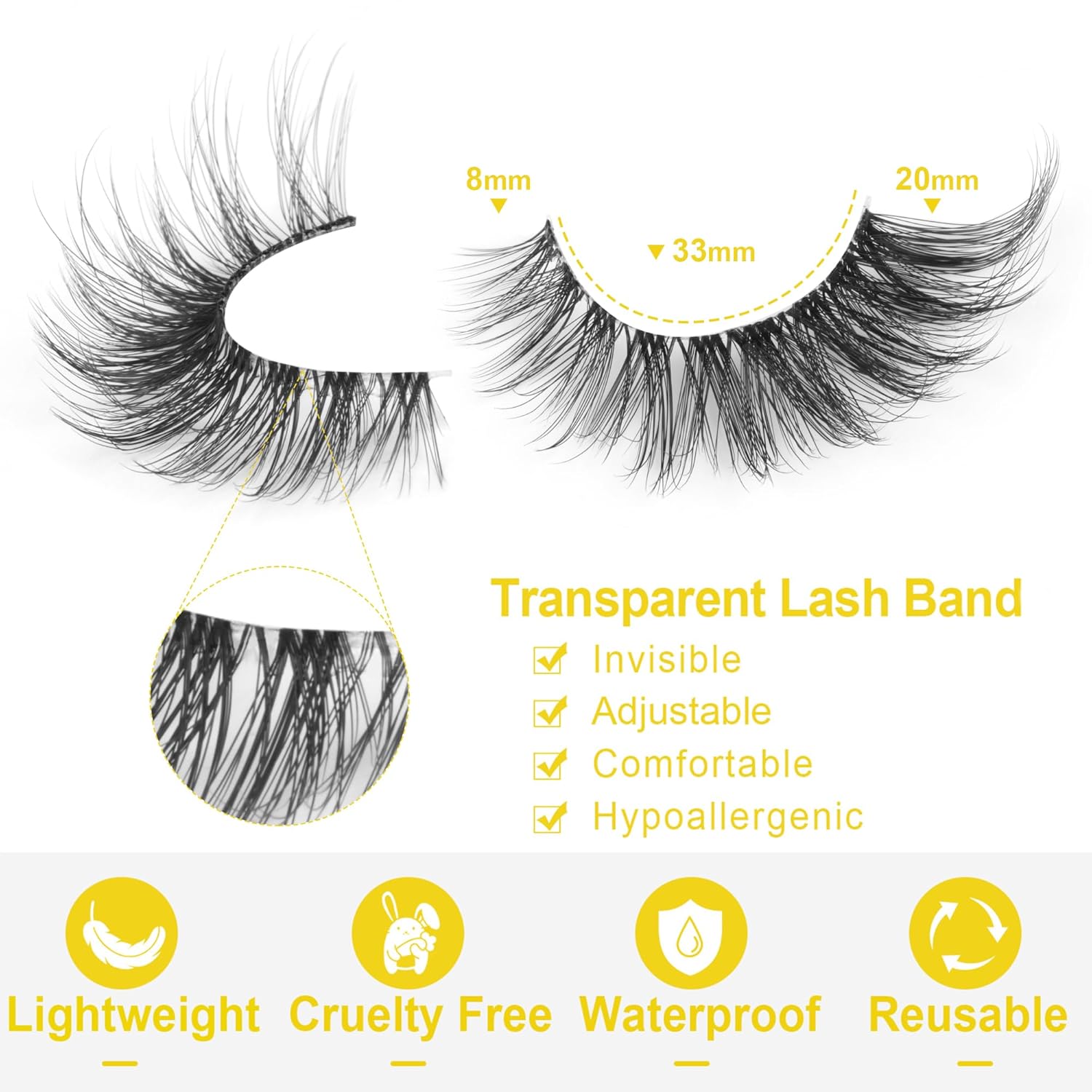 Pestañas de ojo de zorro de imitación de visón de aspecto natural, pestañas postizas esponjosas, banda transparente, 0.787 in de largo, pestañas