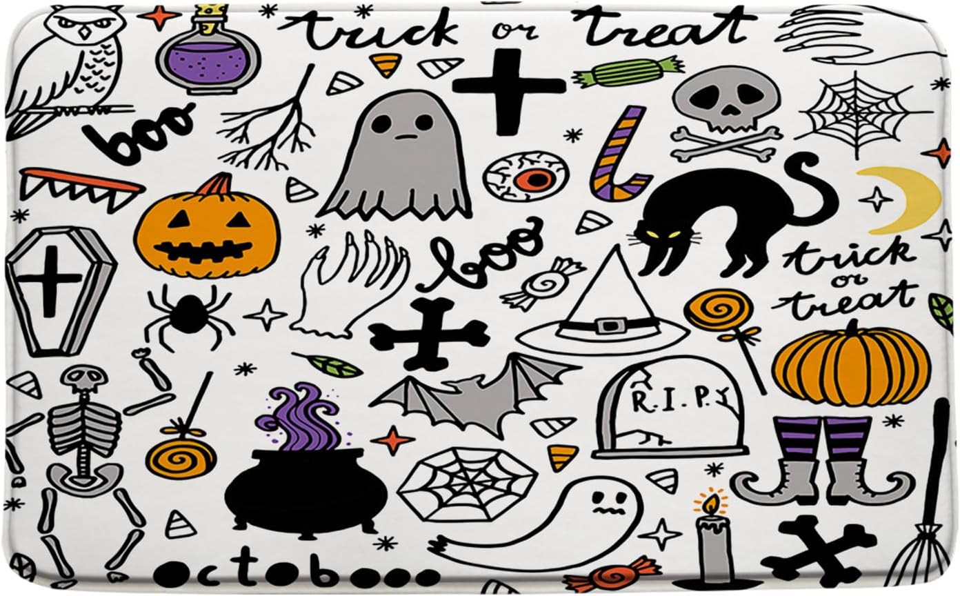 ZSSEZS Tapete de baño de Halloween, calabaza, gato negro, bruja, calavera, fantasma, alquimia, gótico, divertido dibujo animado, escoba de