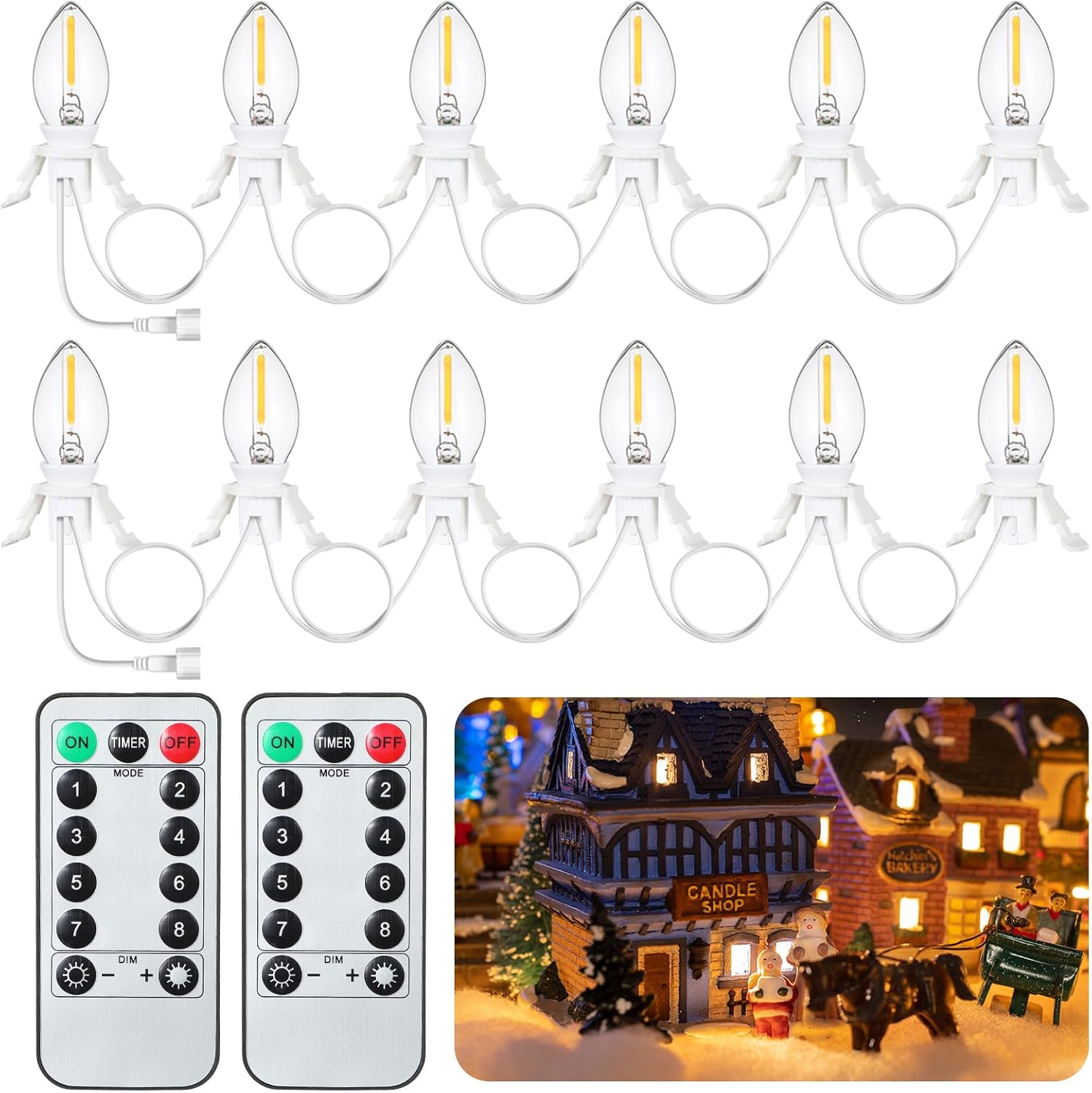 Retisee 2 piezas de cable de accesorios de Navidad con 6 bombillas LED C7 y toma de corriente de 11.48 pies, cable accesorio de luz de pueblo de