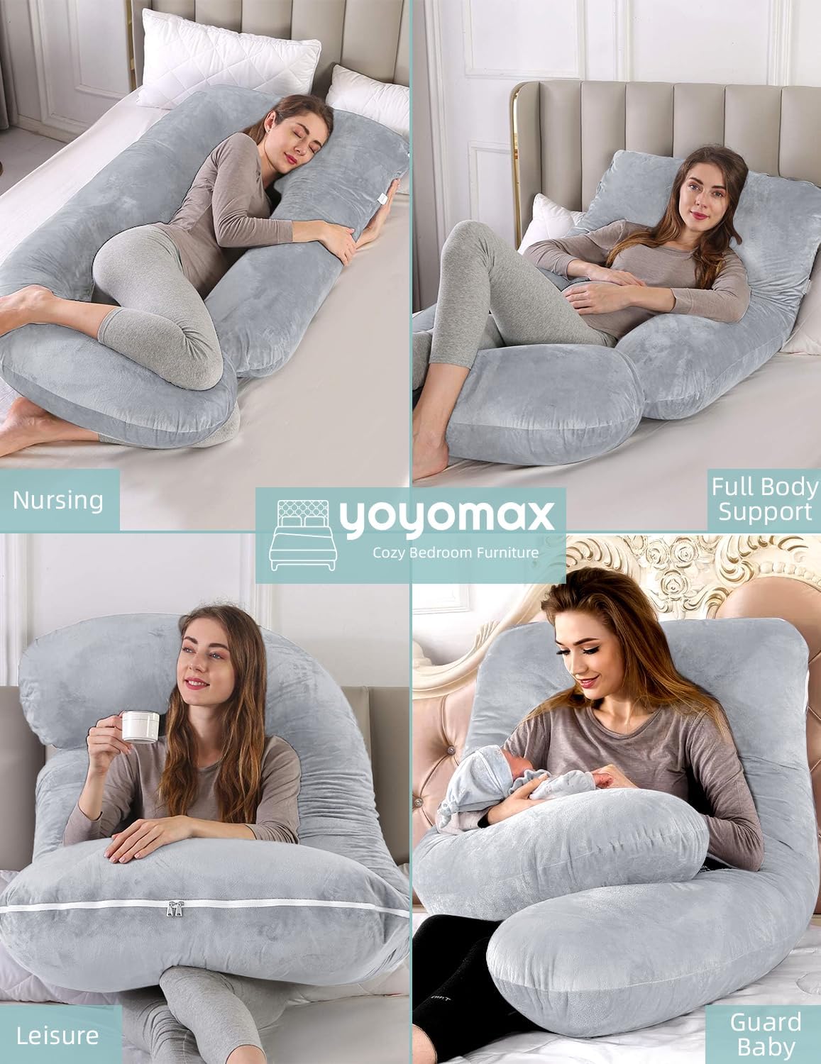 yoyomax Almohadas de embarazo en forma de J, almohada de maternidad de cuerpo completo, almohada de embarazo de espuma viscoelástica con funda de