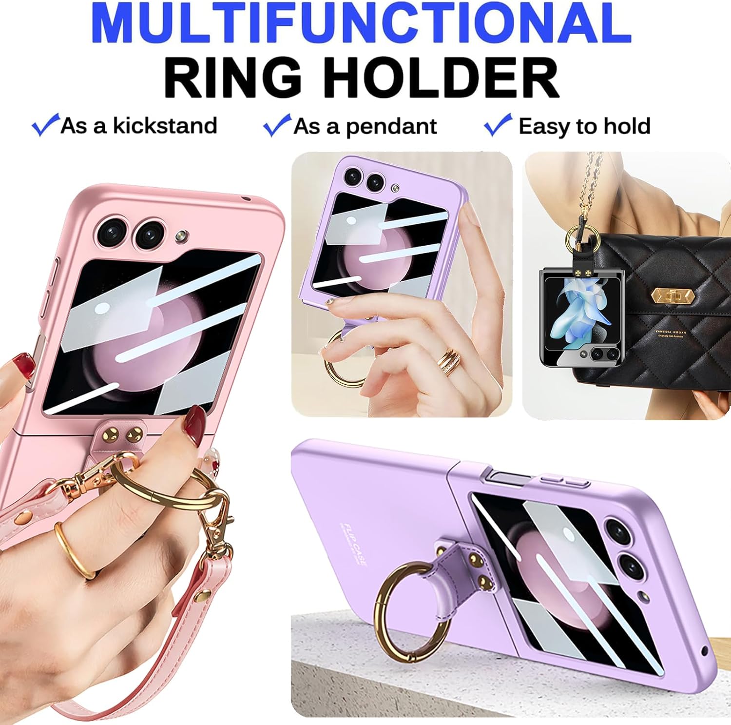 Miimall Funda compatible con Samsung Galaxy Z Flip 5 con correa para mujeres y niñas, película de pantalla pequeña integrada, soporte de anillo de
