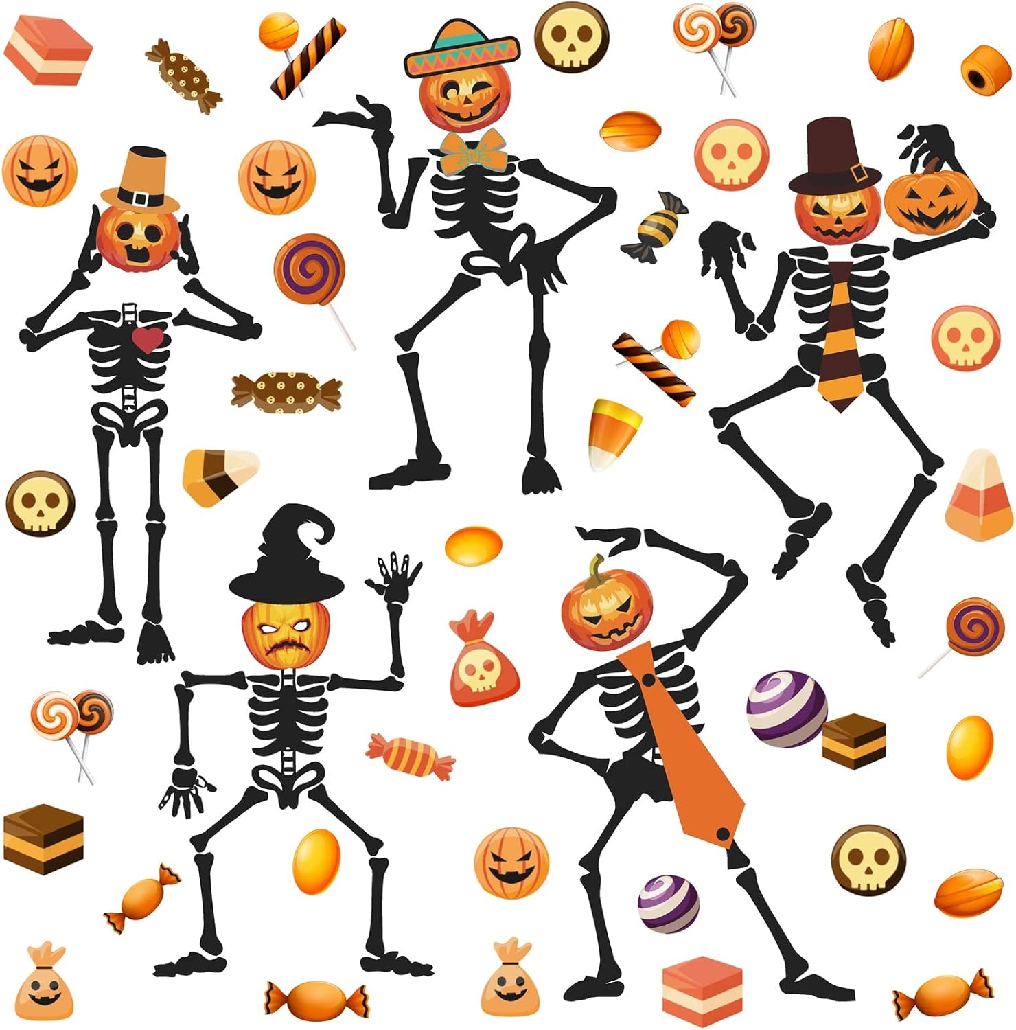Calcomanía de pared de esqueleto de Halloween, calcomanías de pared de caramelo de calabaza, calcomanías de vinilo para ventana de Halloween,
