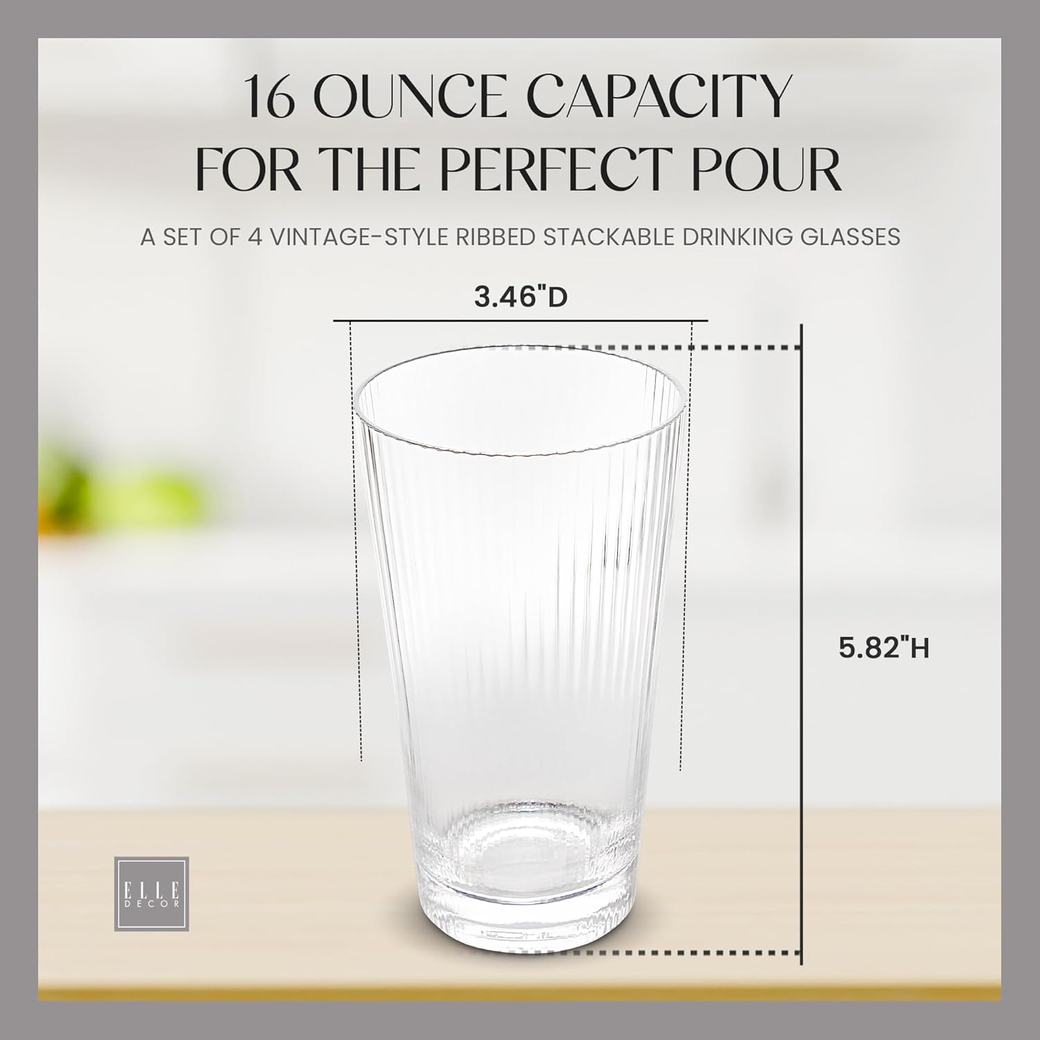 elle decor Vasos altos acanalados, juego de 4 vasos altos de 16 onzas, vasos de agua para ginebra y tónicos, cócteles y jugos, vasos apilables de