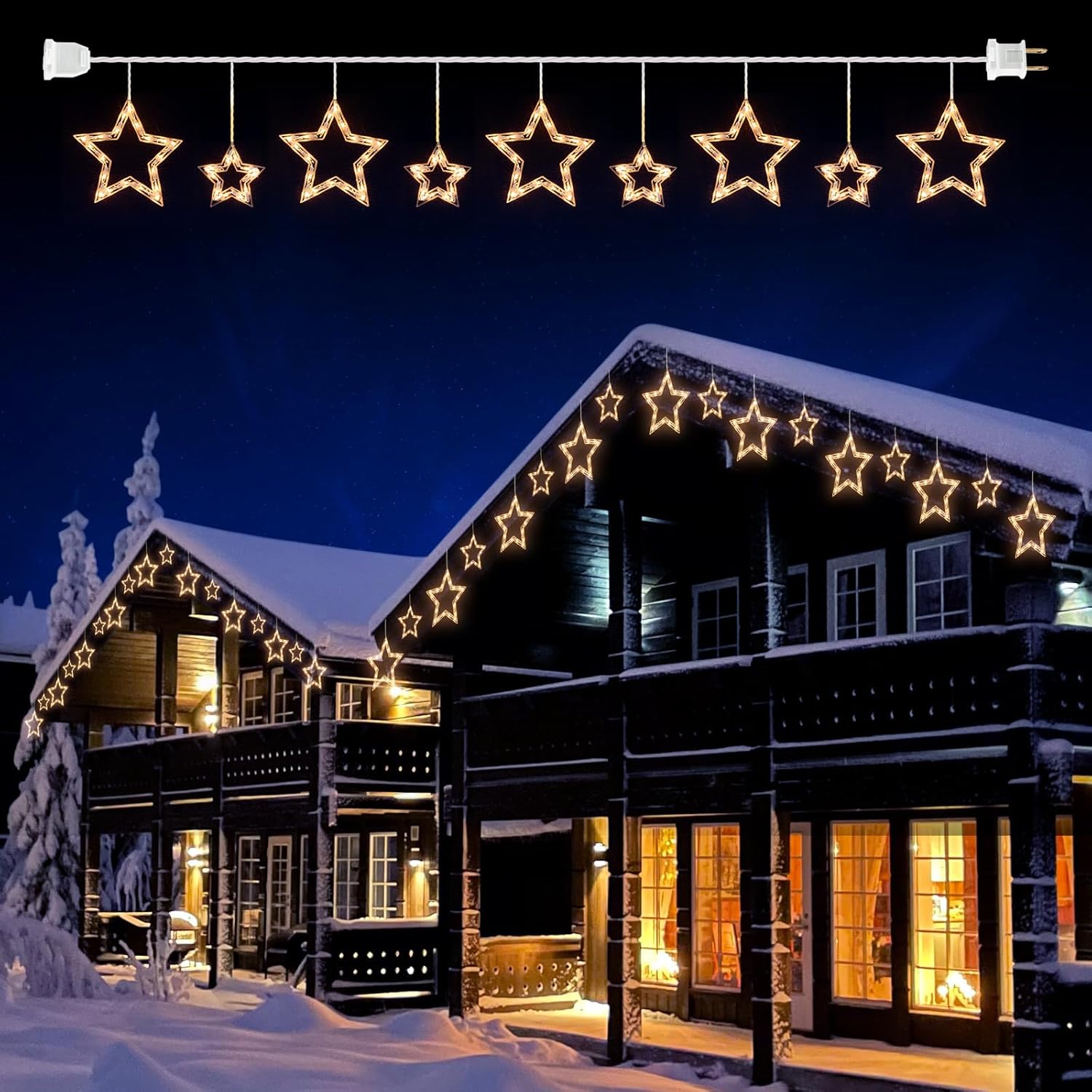 Luces de ventana de estrella de Navidad con 9 gotas, tira de luces de carámbano de estrella de 13 pies con 150 mini bombillas, luces colgantes de