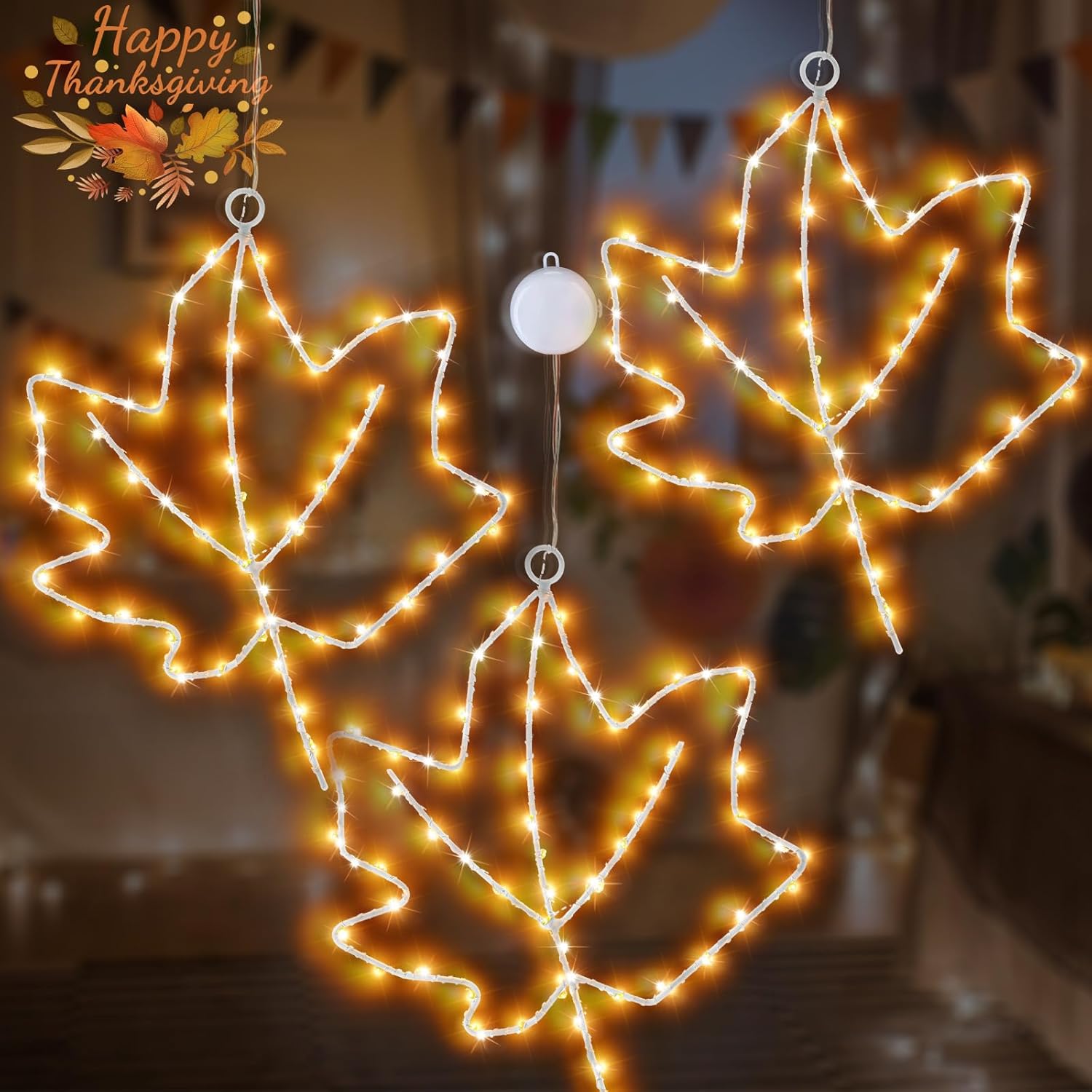 3 piezas de decoración de ventana de otoño, luces de hoja de arce, luces de ventana de Acción de Gracias a pilas con temporizador, marco de metal