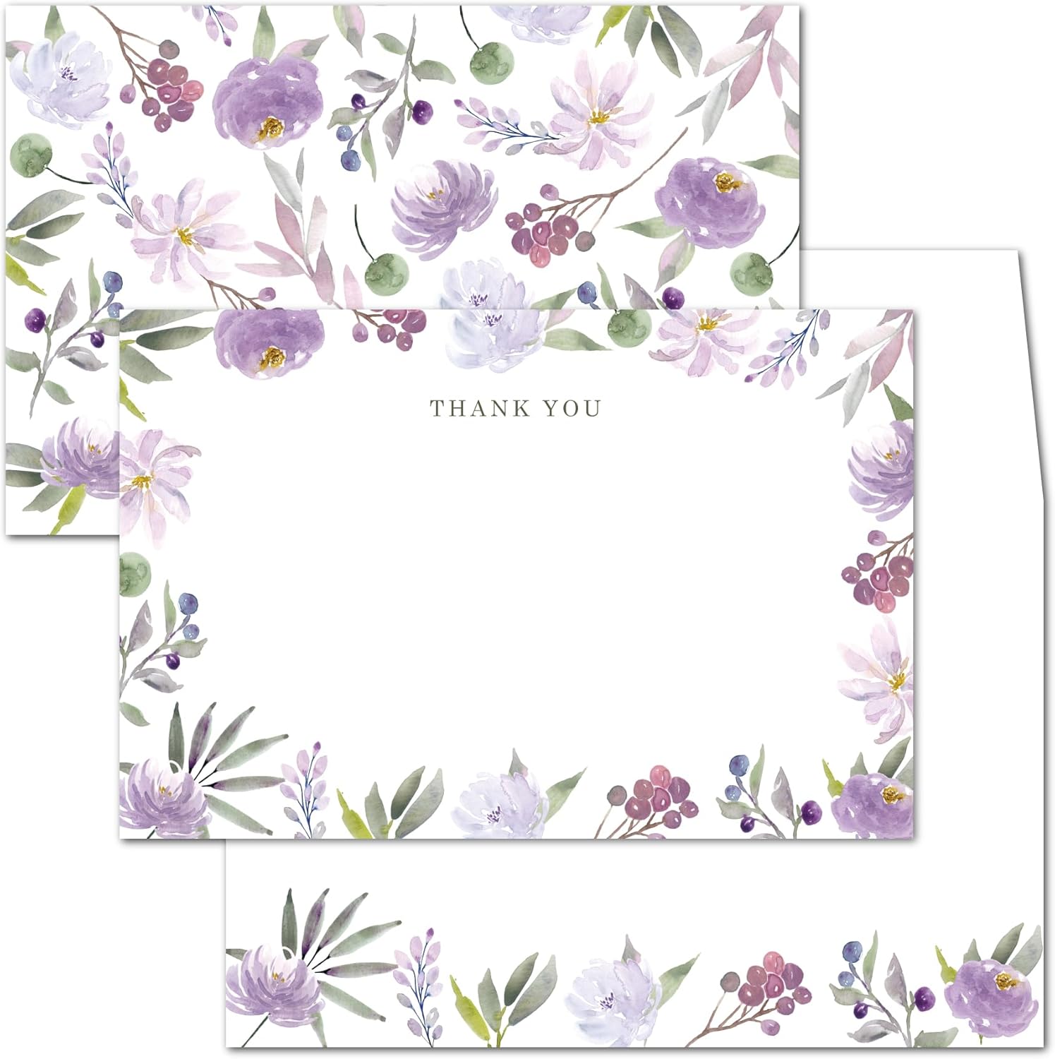 Tarjetas de agradecimiento florales moradas de 4 x 6 pulgadas con sobres, paquete de 20 tarjetas de notas florales en blanco con sobres, tarjetas de