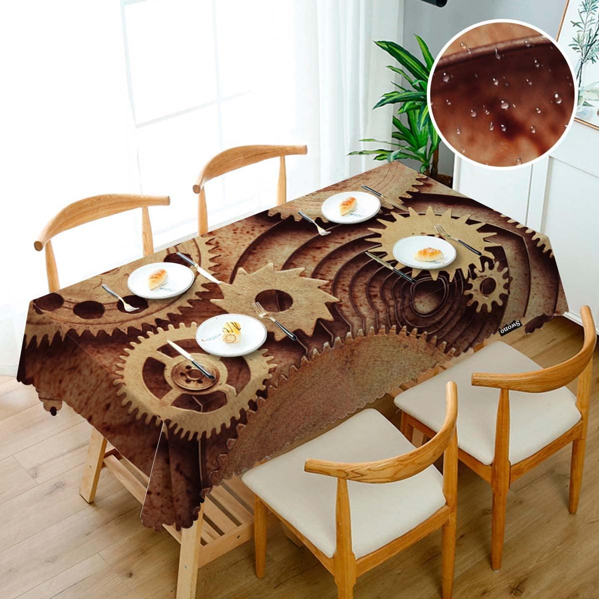 Swono Fundas de mesa de reloj de 52 x 70 pulgadas, Steampunk Old Mental Mecánico, engranajes de reloj lavable, mantel de cocina y comedor, mantel