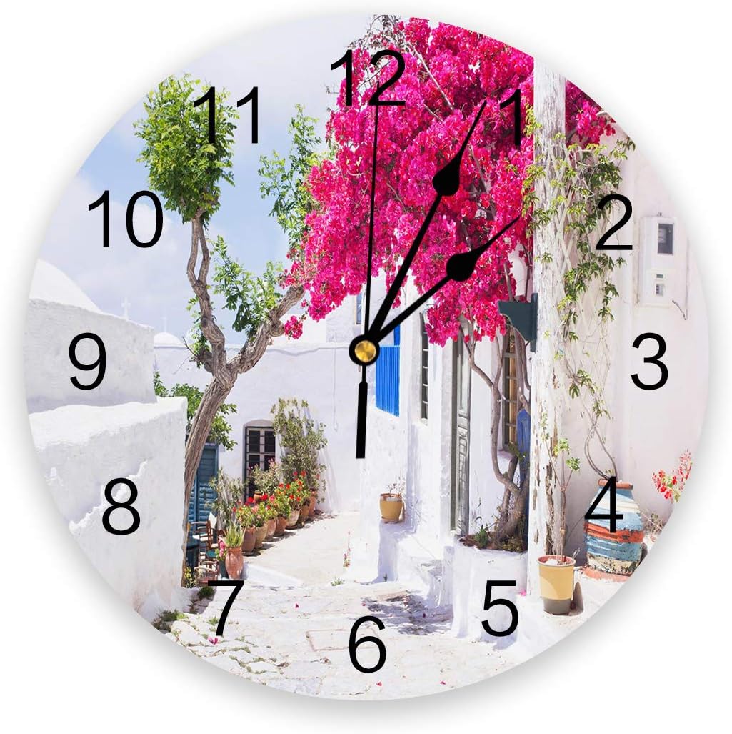 Reloj de pared redondo silencioso con diseño de calle griega con edificio blanco, flores rojas y plantas verdes, de cuarzo, funciona con pilas,