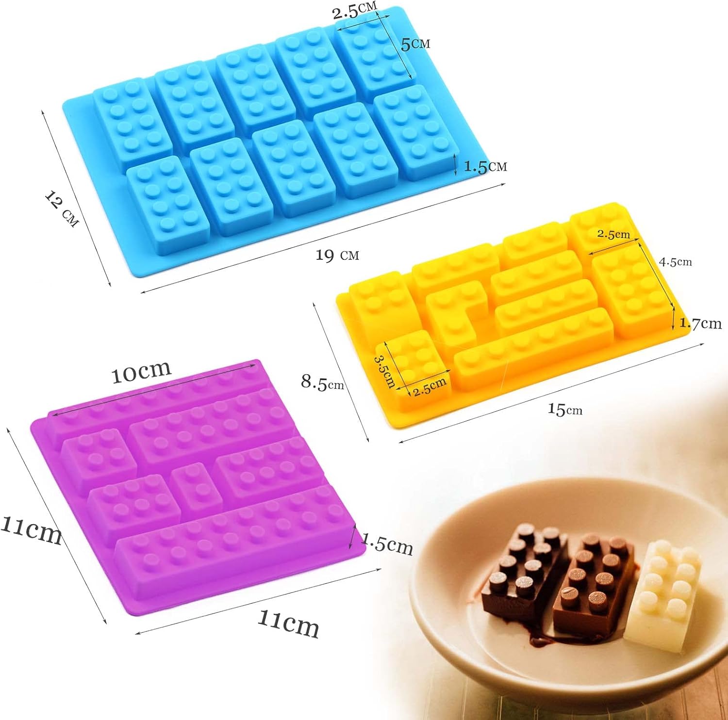 Mivofun – 3 moldes de bloques de construcción, moldes de silicona para ladrillos de construcción, 12 tipos de formas, moldes para cubitos de hielo,