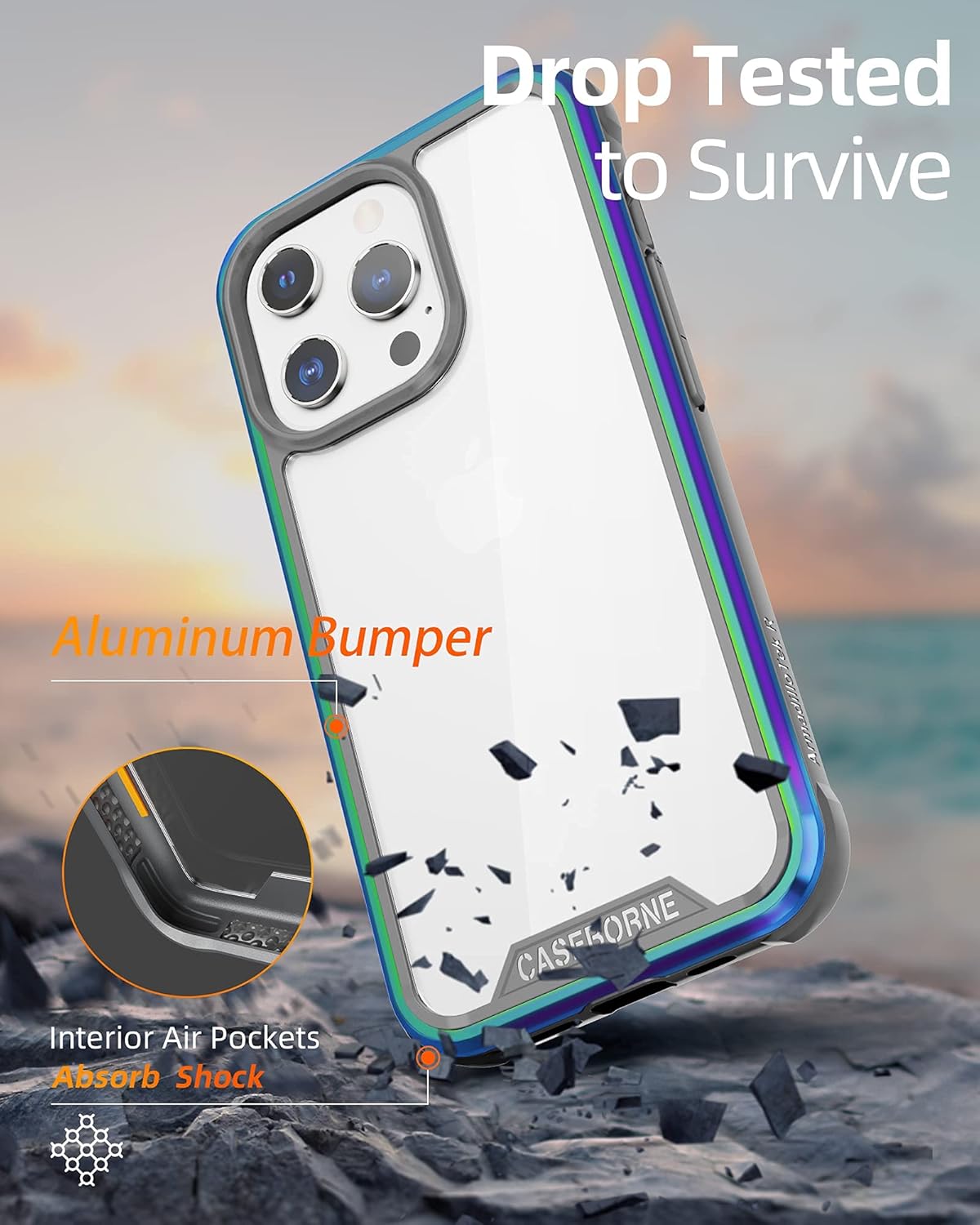 CaseBorne R – Funda compatible con iPhone 13 Pro Max, transparente a prueba de golpes, grado militar, probada en caídas de 12 pies, marco de