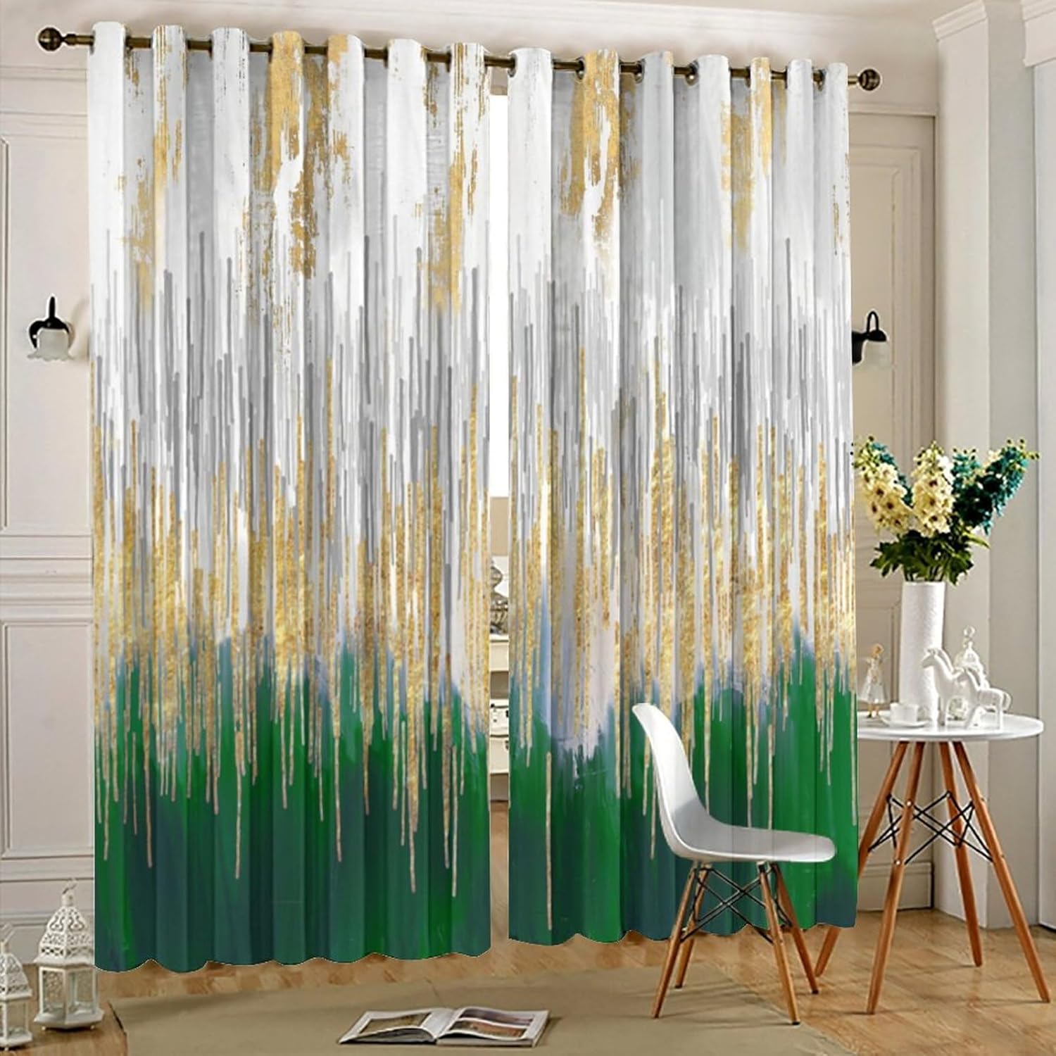 Cortinas modernas abstractas y verdes para dormitorio, textura geométrica de tinta dorada, pintura al óleo, arte de pintura al óleo, aislamiento
