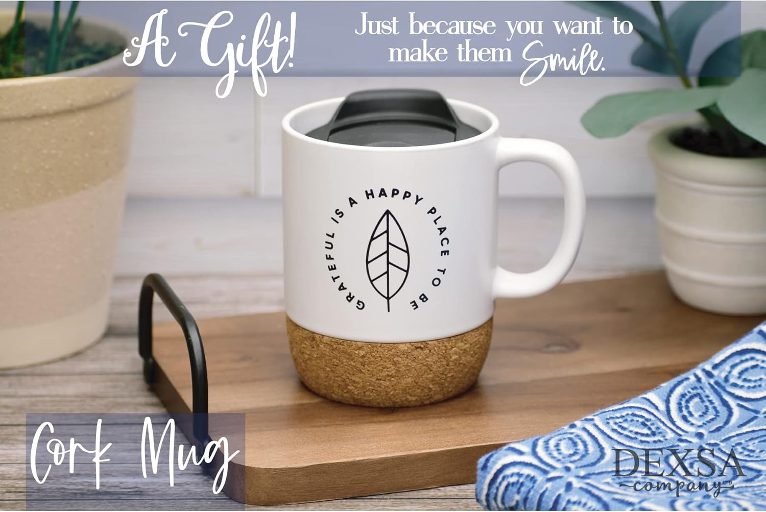 Taza de café de diseño de cerámica  Grateful is a happy place to be  Capacidad para 14 onzas  Parte inferior de corcho con tapa  Ideal para café,