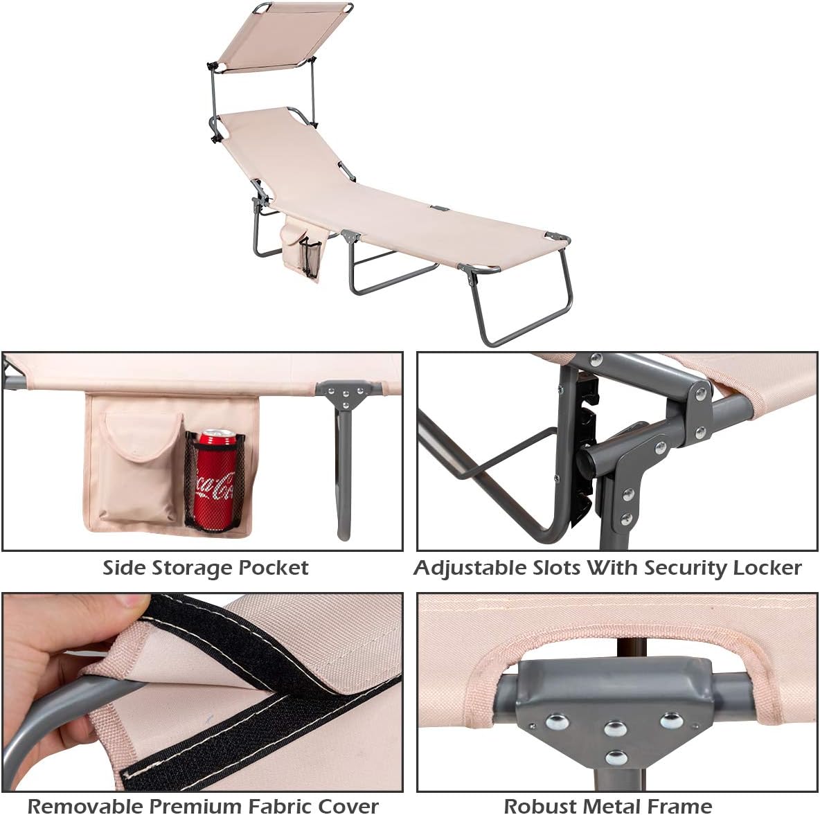 Giantex Silla bronceadora, tumbona de patio con 5 posiciones ajustables, toldo de sombra, bolsillo de almacenamiento, cuna de campamento, sillón