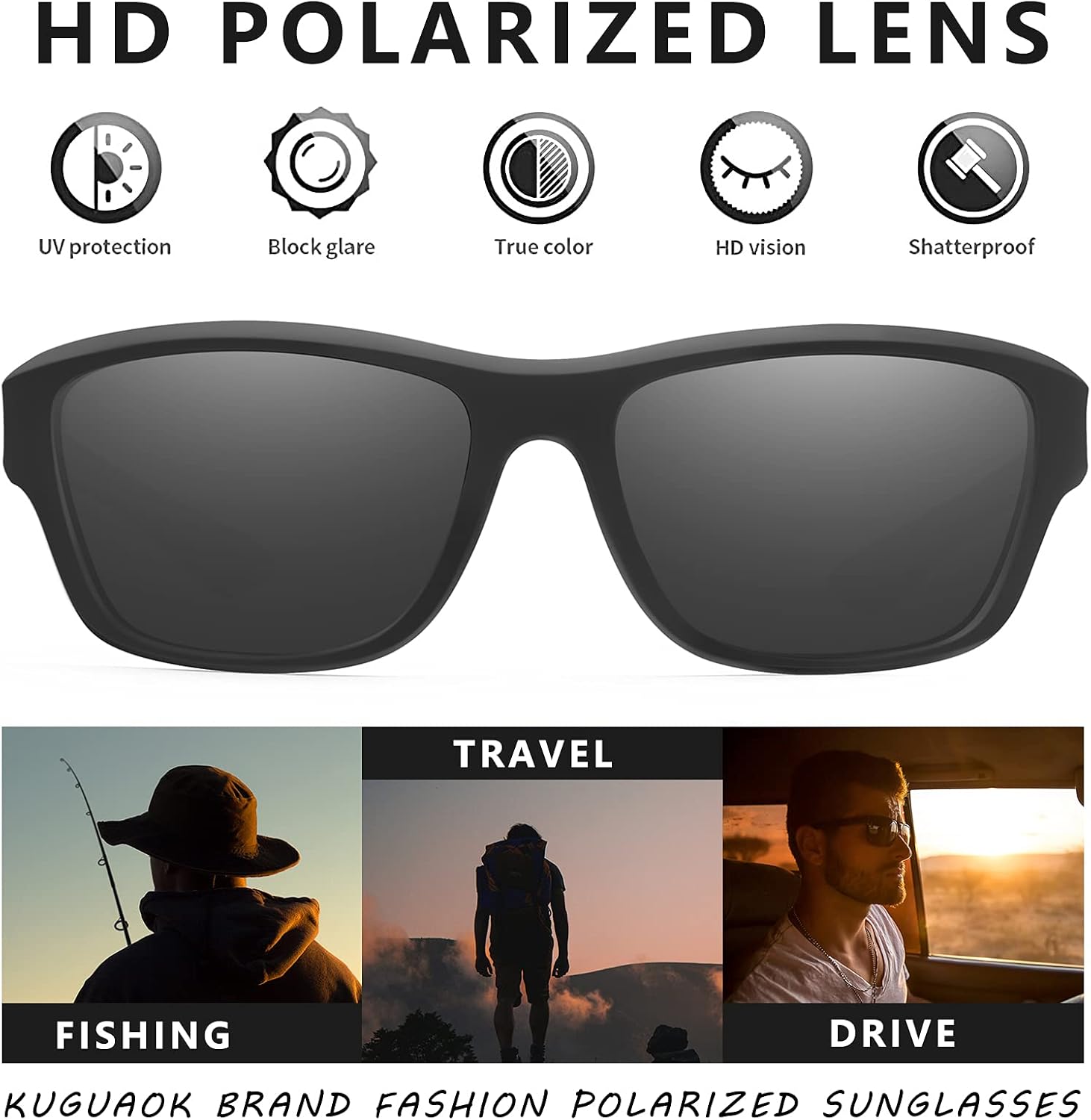 KUGUAOK Gafas de sol deportivas polarizadas para hombres, para conducir, ciclismo, pesca, gafas de sol 100% con protección UV