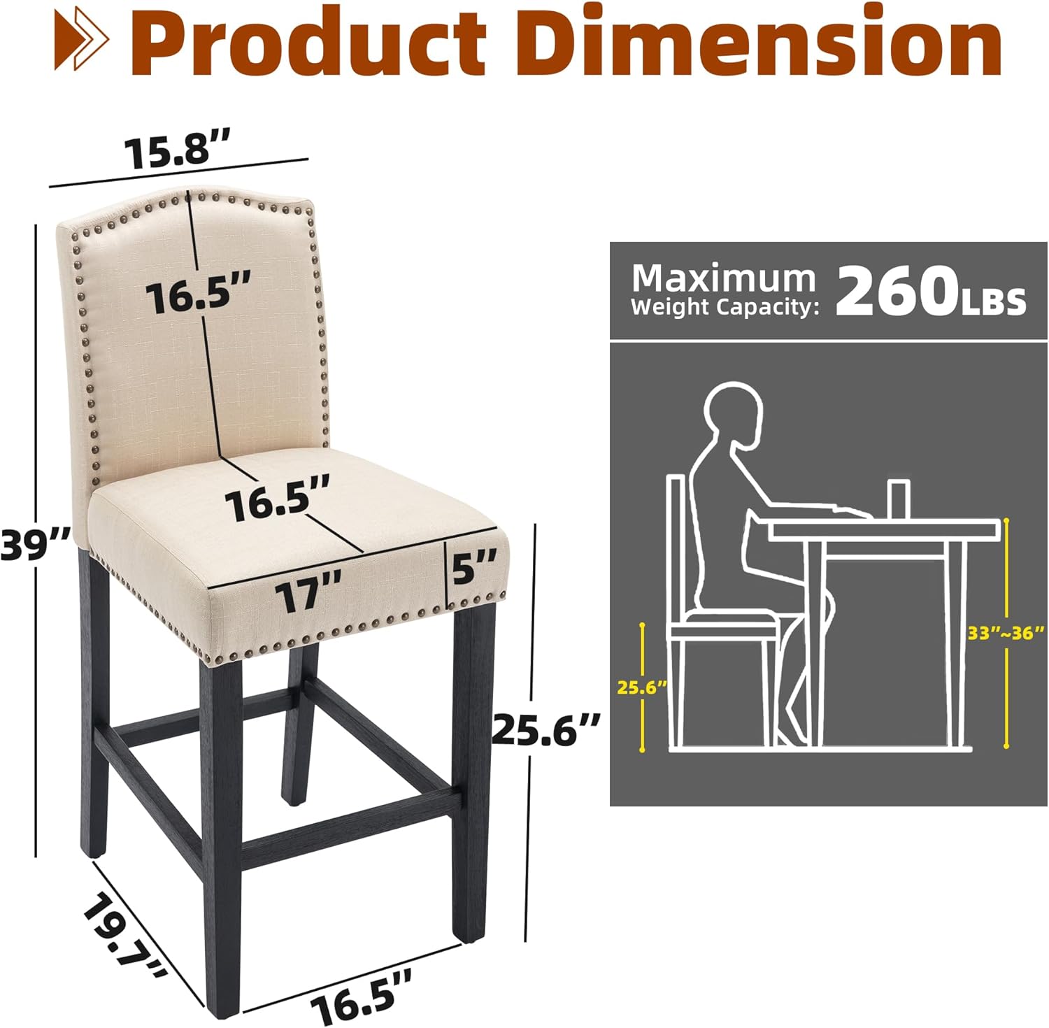 Juego de 2 taburetes de bar, sillas de mostrador con ribete de remache, taburetes de bar tapizados para isla de cocina con acogedor asiento de 26