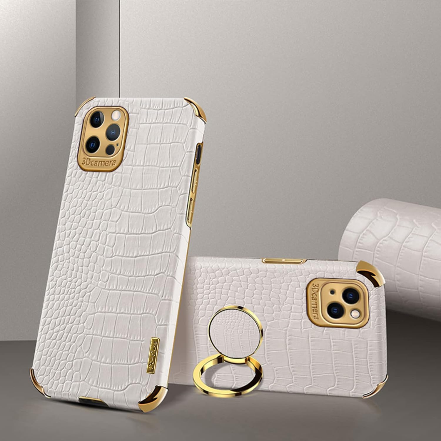 aowner Funda para iPhone 15 con soporte de anillo de 360 , funda de cuero con patrón de cocodrilo de lujo, parachoques dorado, a prueba de golpes,