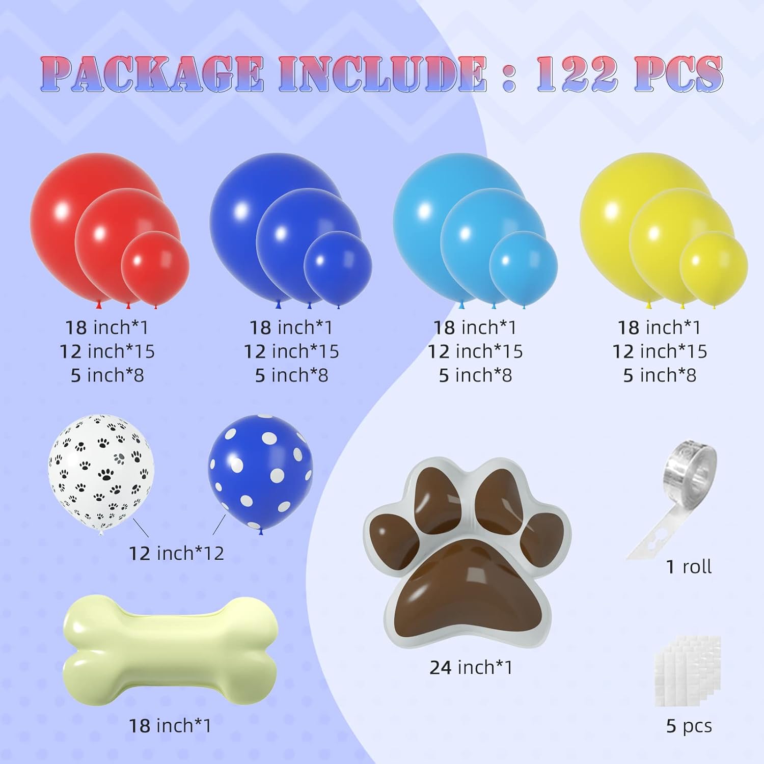 Kit de guirnalda de globos de cumpleaños con patas de perro rojas, amarillas, azules, globos manchados azules y globos de papel de aluminio de hueso