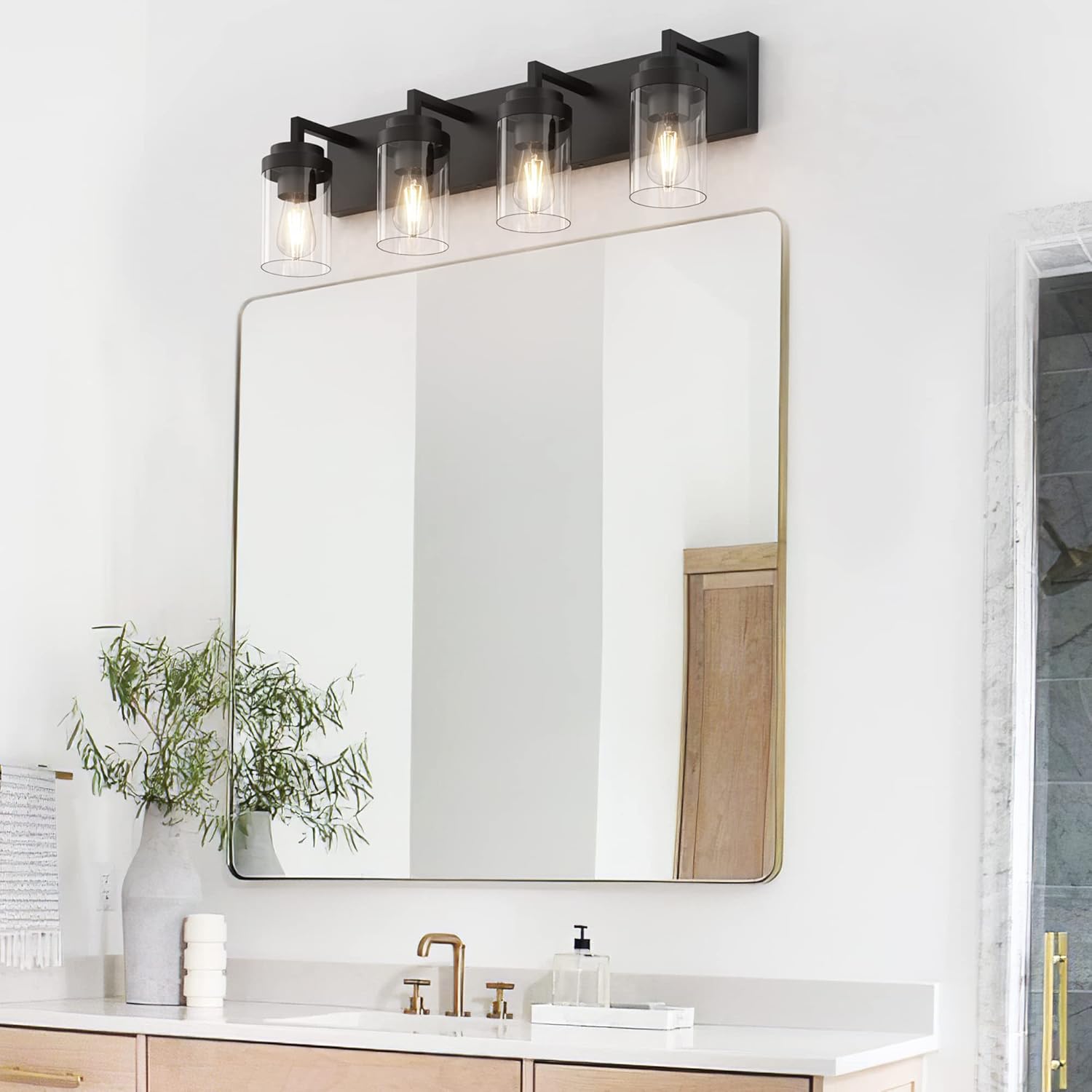Espird Lámpara de tocador de baño, 4 luces, color negro mate, con pantalla de vidrio transparente, luz de tocador de granja de 30 pulgadas,