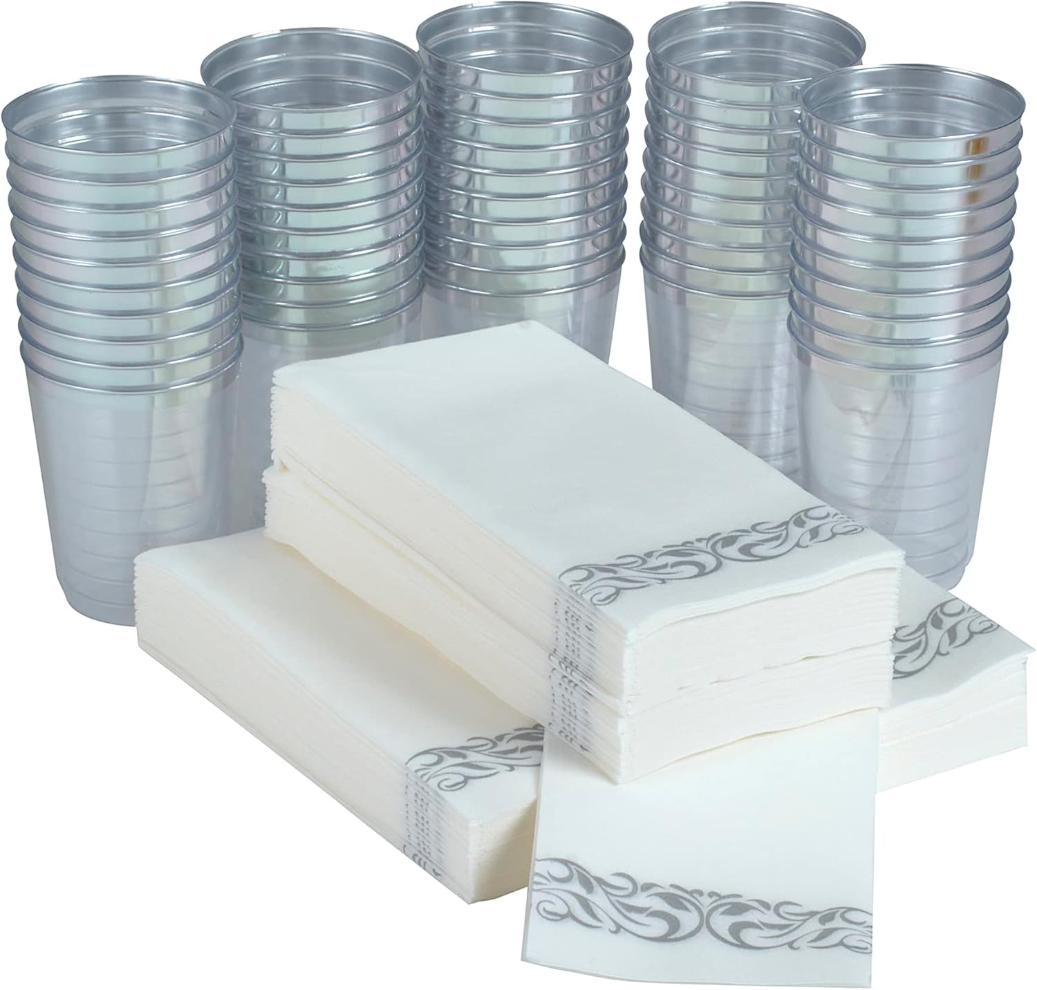 50 servilletas de cena desechables con borde plateado y 50 vasos de plástico desechables con borde plateado de 10 onzas