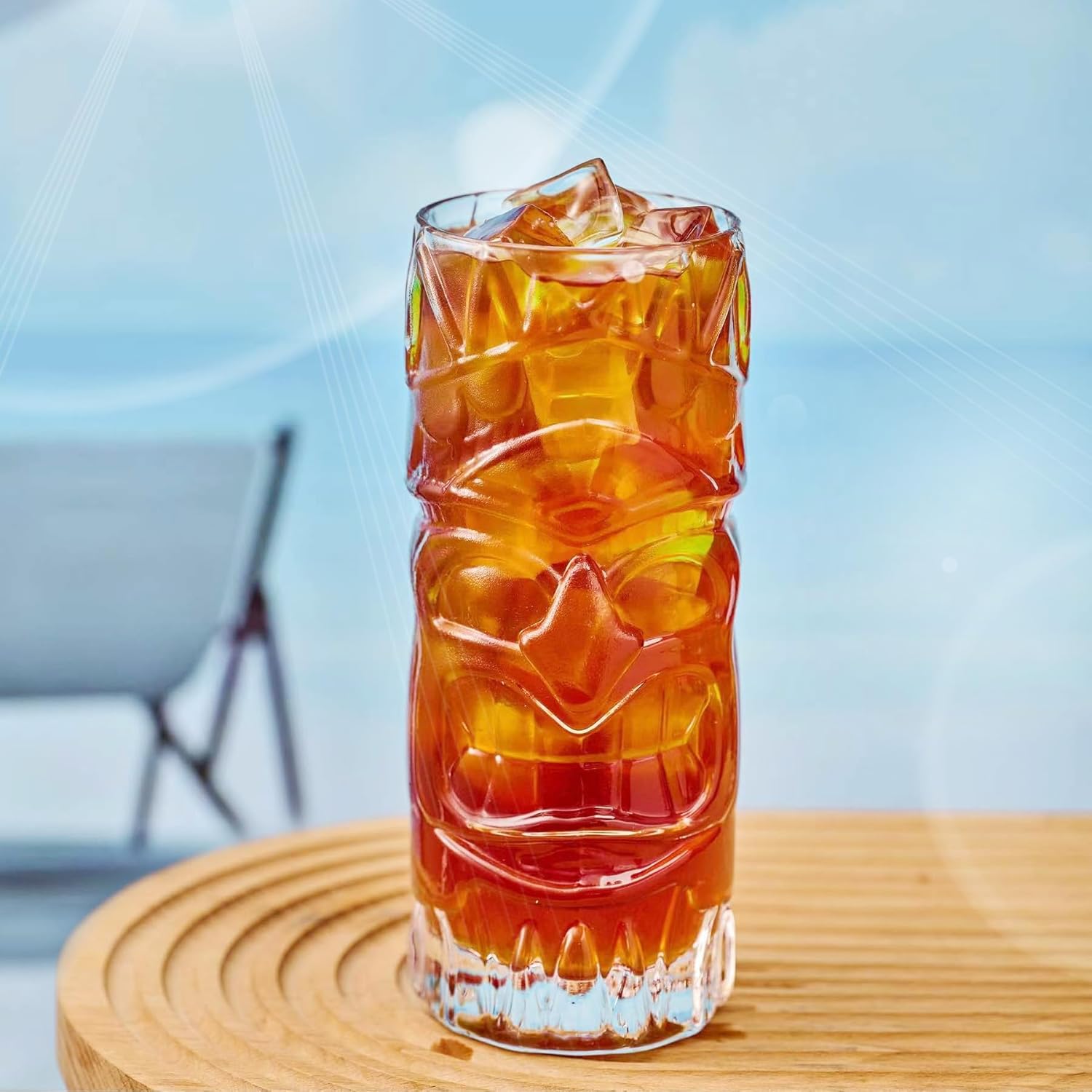 Tiki – Juego de 4 vasos Tiki transparentes de 16 onzas para cóctel, tazas Tiki tropicales modernas, cristalería, ideal para fiestas de tiki bar,