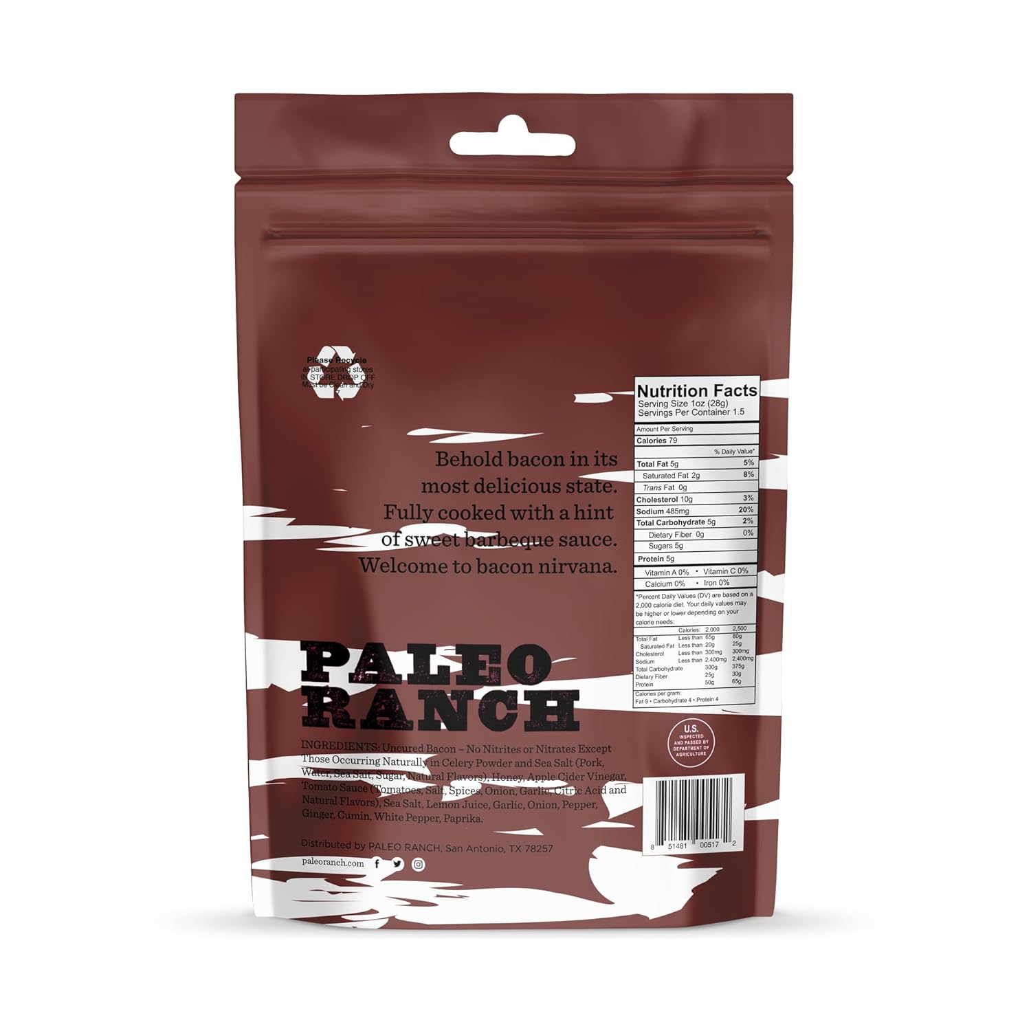PALEO RANCH Cecina de tocino sin curar, barbacoa dulce, sin hormonas añadidas, sin conservantes, bolsas de 1.5 onzas, (paquete de 8)