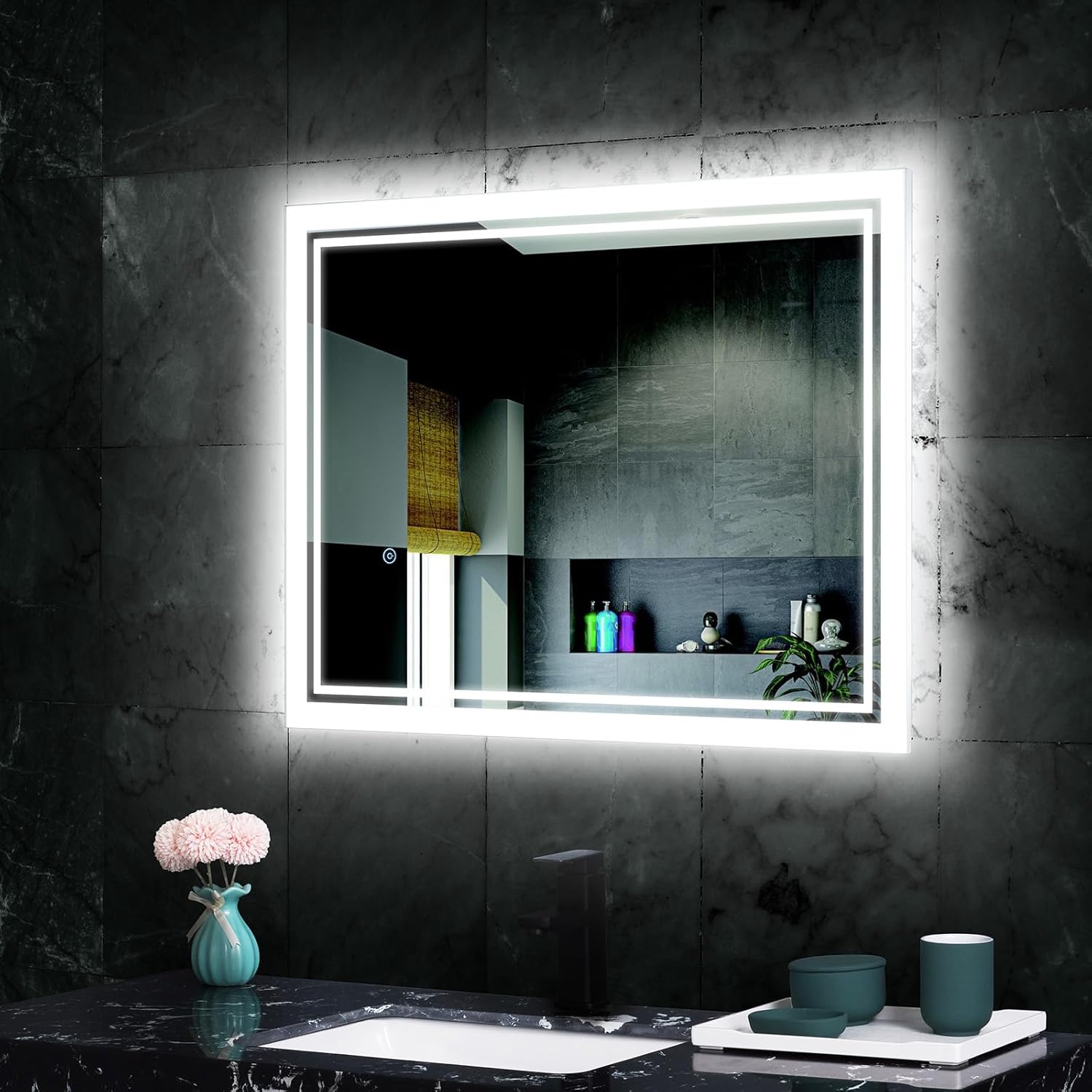 Homebay Espejo de baño de 24 x 32 pulgadas con luz, espejo de baño regulable continuo, espejo de pared con luces delanteras y retroiluminación,